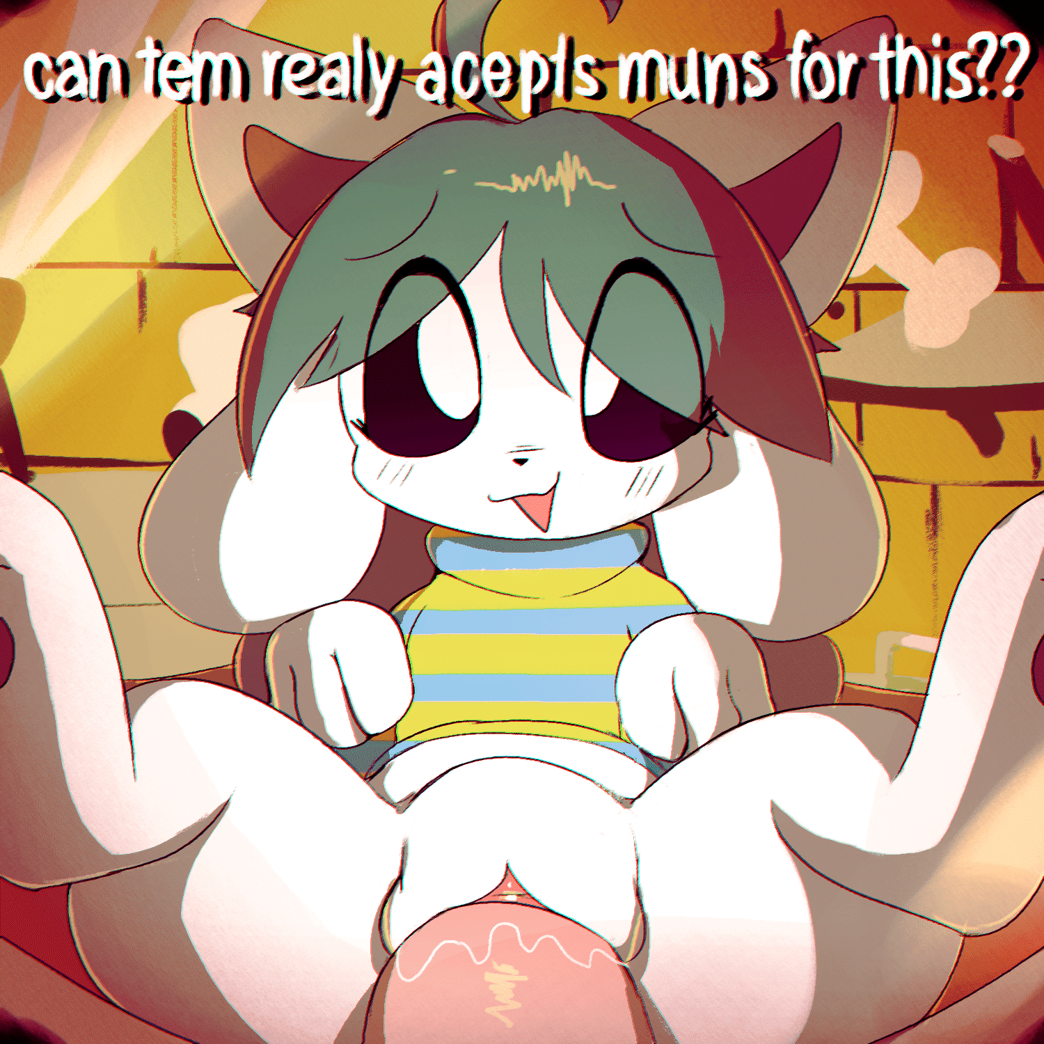 2d animation, animated, blush, bottomless, bottomless female, box, cardboard, cardboard box, clothed, clothing, container, dialogue, digitigrade, duo, female, feral, feral penetrated, first person view, frame by frame, fur, genitals, grey hair, hair, hi res, human, human on feral, interspecies, lodetail, looking at viewer, loop, mammal, penetration, pussy, smile, spread legs, spreading, straight, talking feral, tem, temmie (undertale), text, tongue, undertale, undertale (series), vaginal penetration, vulva, white body, white fur, zoophilia
