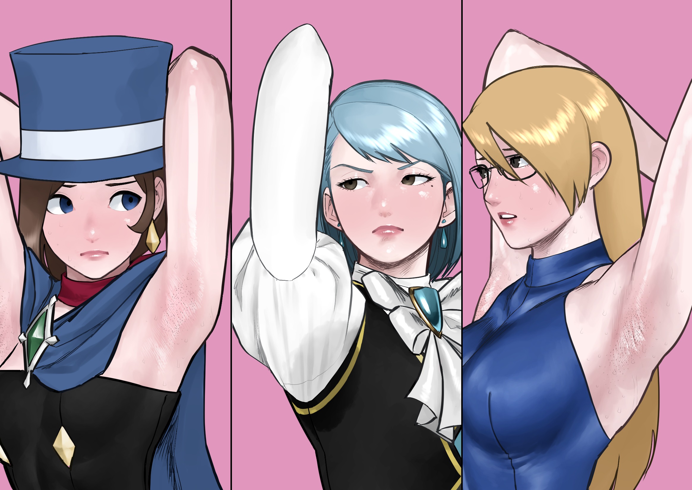 3girls, ace attorney, adrian andrews, armpit, armpit fetish, armpit stubble, armpit sweat, armpits, arms up, blonde hair, blue hair, female, female only, franziska von karma, glasses, karuma mei, koukou panchi, mole, mole under eye, sweat, sweat stain, sweaty, sweaty armpits, trucy wright