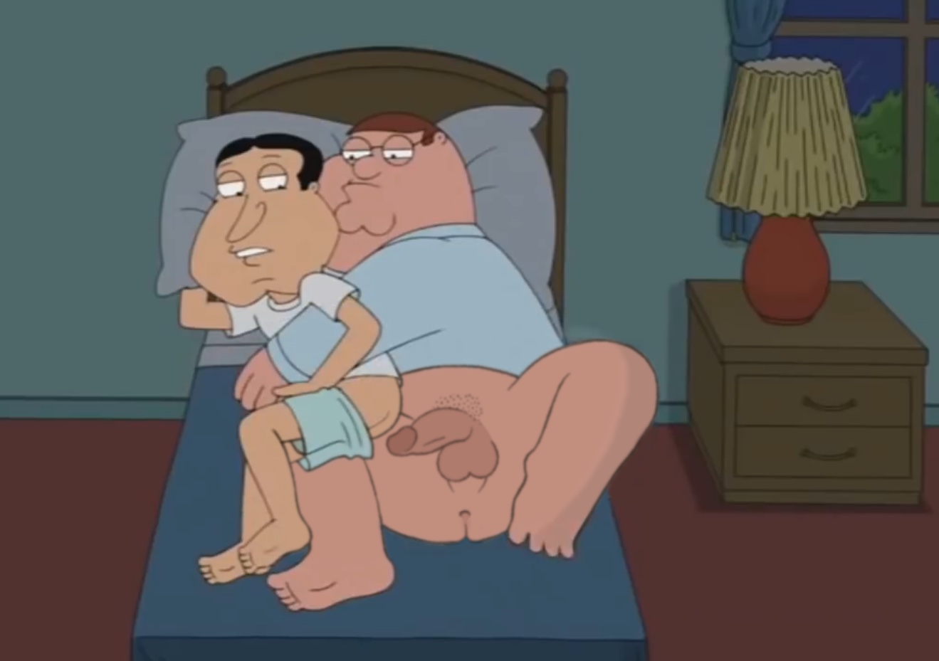 before sex, canon, canonical scene, edited screencap, emotionless, erection, family guy, fat, glenn quagmire, male, male only, overweight, peter griffin, toony