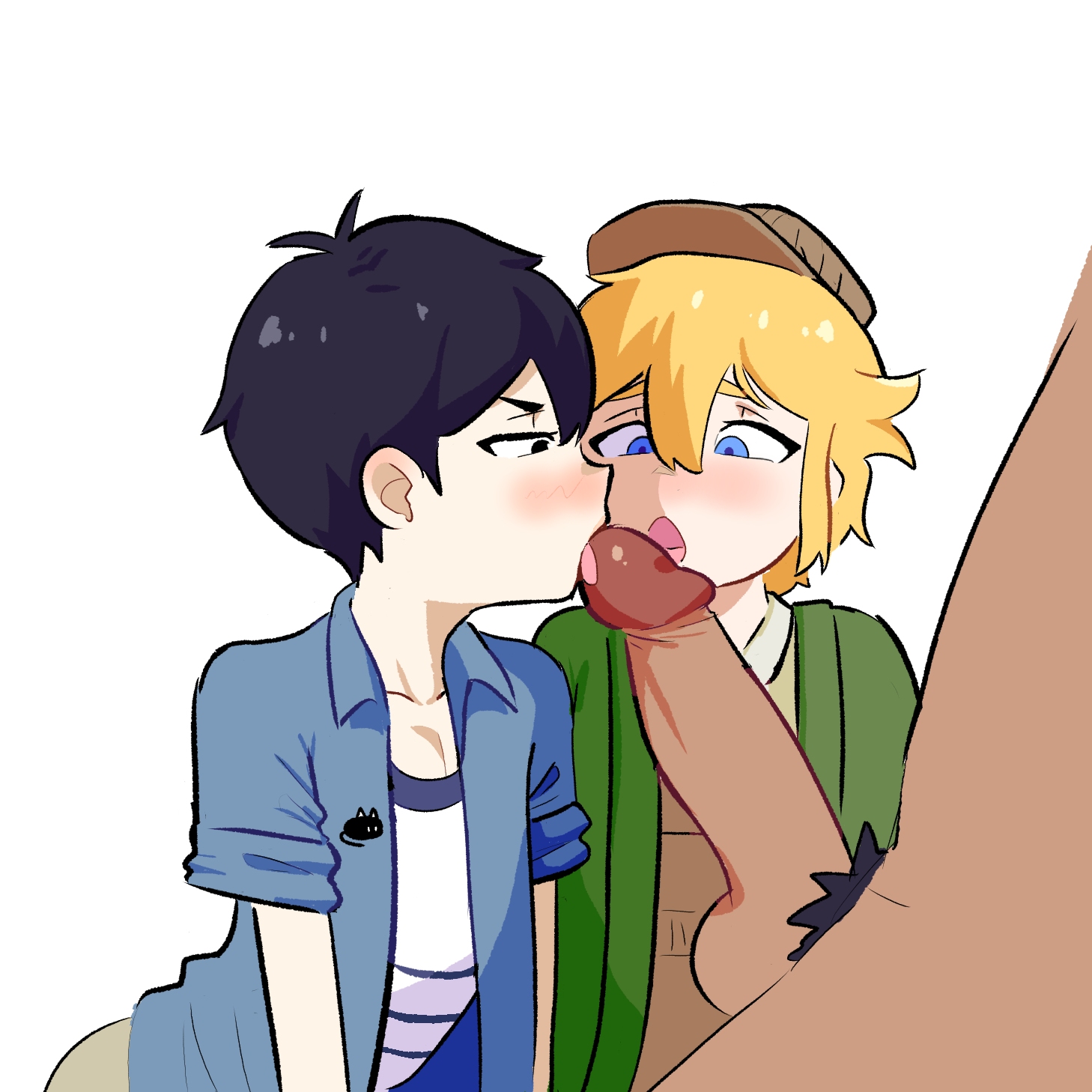 3boys, basil (omori), best friends, birthday, birthday art, blonde hair, blush, collaborative fellatio, fellatio, femboy, gay, licking penis, louveg25, male, male only, mmm threesome, omori, oral, penis, sunny (omori), threesome, yaoi