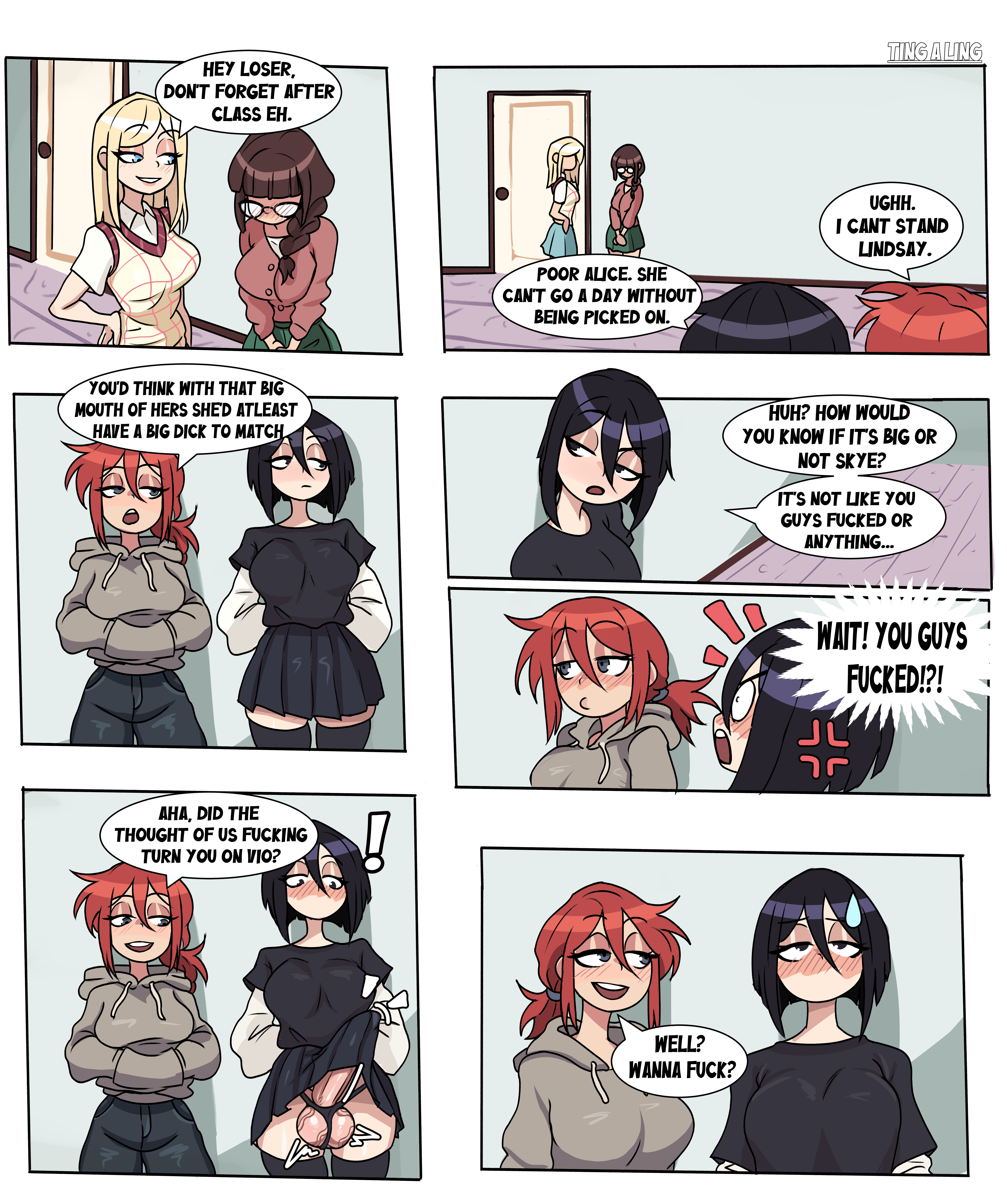 1girls, 3futas, absurd res, alice (tingalinguy), asking for sex, balls, balls in panties, big penis, black hair, blonde hair, blue eyes, bob cut, braid, brown hair, bulge, comic, erection, erection under clothes, erection under skirt, female, futanari, glasses, hair between eyes, hoodie, huge balls, huge cock, intersex, light skin, light-skinned futa, lindsay (tingalinguy), original, original character, original characters, penis, penis under clothes, ponytail, red hair, skirt, skye (tingalinguy), talking to another, thighhighs, thong, tied hair, tingalinguy, veiny balls, violet (tingalinguy)