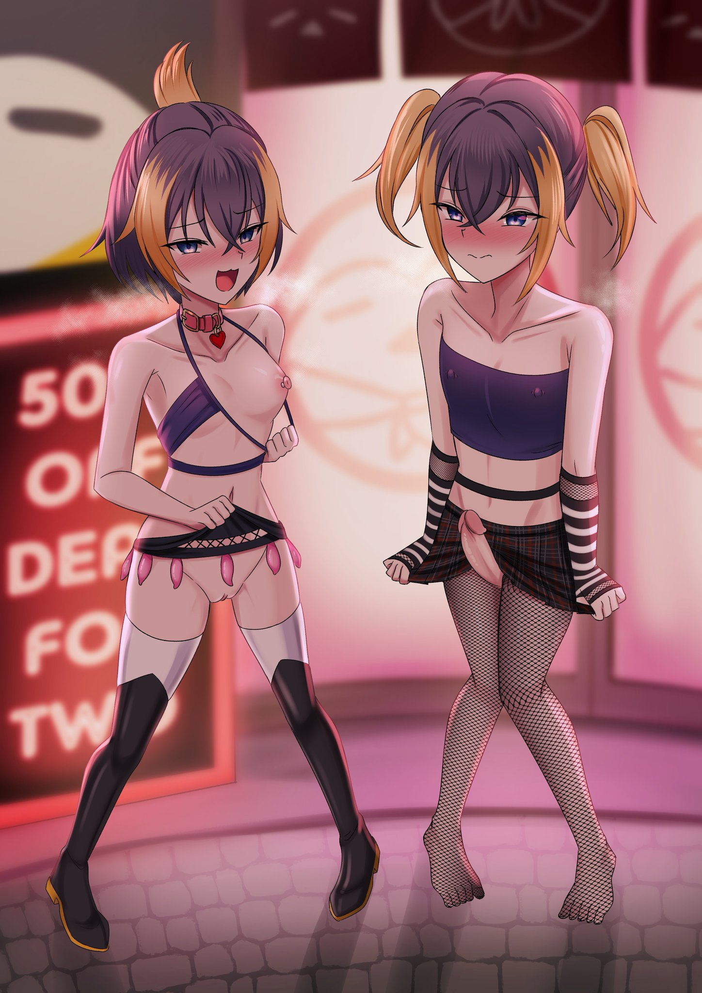 1boy, 1girls, bare pussy, bare shoulders, belly button, belt collar, black hair, blue eyes, blush, blushing, blushing at viewer, breasts, breasts out, collar, duo, duo focus, exposed breasts, exposed penis, exposed pussy, exposed shoulders, exposed torso, exposed vagina, female, femboy, fishnet legwear, fishnets, futanari, genderswap, genderswap (ftm), hi res, highres, intersex, legwear, looking at viewer, male, midriff, navel, nijisanji, nijisanji en, nipple piercing, penis, peter gurin, petra gurin, prostitution, pussy, rule 63, showing breasts, showing off, showing penis, showing pussy, skirt, small breasts, steam, steamy breath, stockings, tummy, twintails, two-tone hair, vagina, virtual youtuber, xanadu avici, xanaduavici, yellow hair