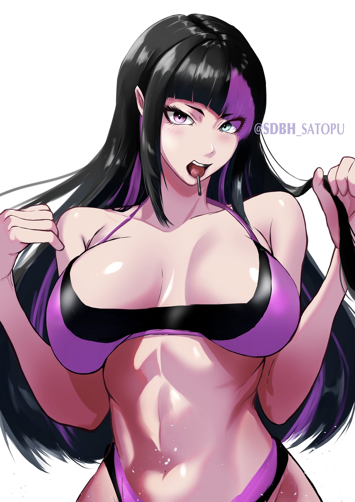1girls, artist name, big breasts, bikini, black hair, breasts, busty, capcom, female, heterochromia, juri han, lolipop, long hair, pink streak, sdbh satopu, street fighter, upper body, white background