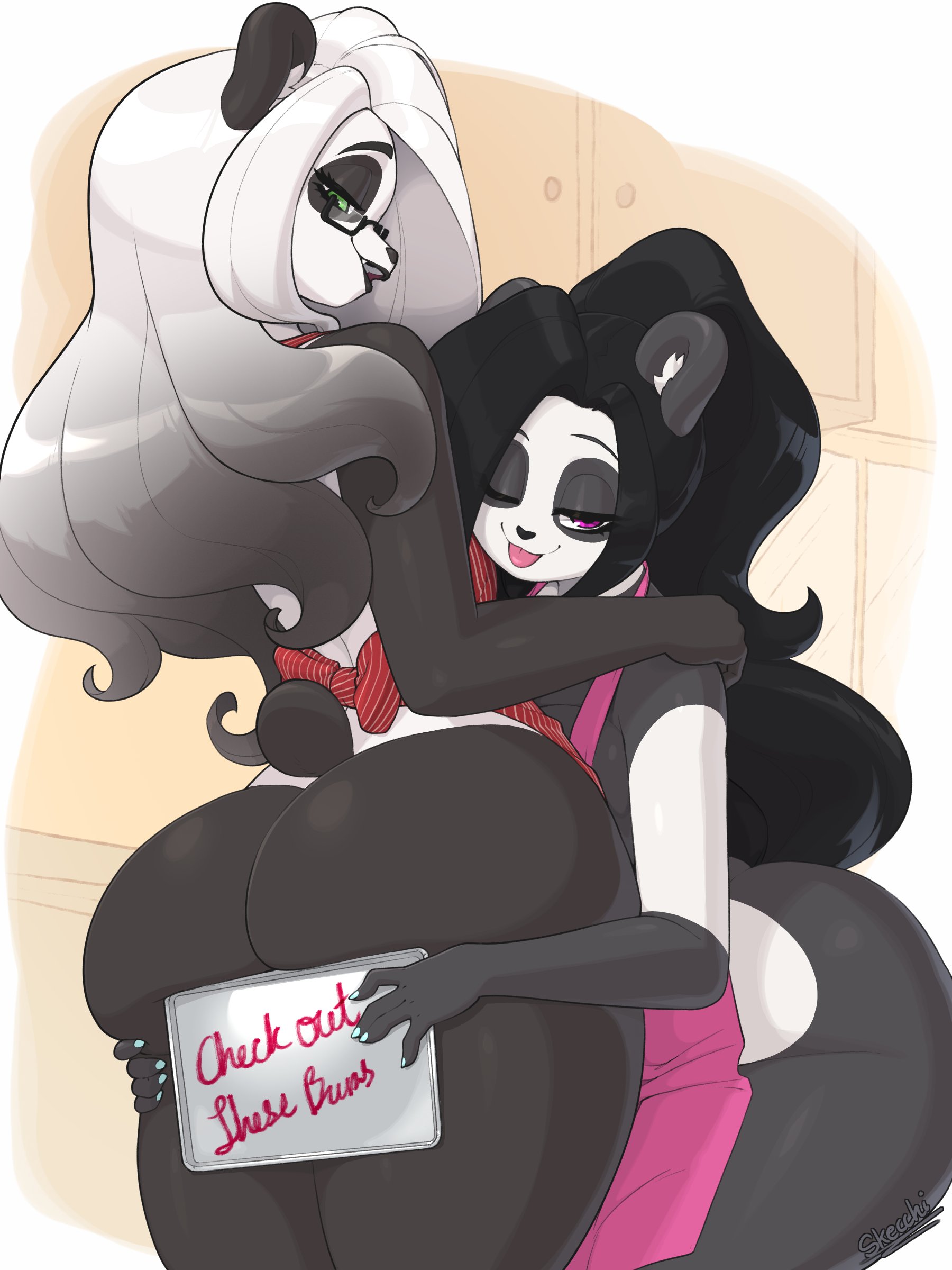 2girls, anthro, apron, apron only, ass, bea (acuerol), bear, big butt, biped, black body, black hair, blep, clothing, commission, duo, eyebrows, eyelashes, female, female only, female/female, giant panda, glasses, green eyes, hair, hi res, looking at viewer, looking back, mammal, multicolored body, multicolored hair, narrowed eyes, pupils, purple eyes, skecchiart, smile, smiling, smiling at viewer, thick ass, thick thighs, tongue, tongue out, white body, white hair, wink, winking at viewer, yuri