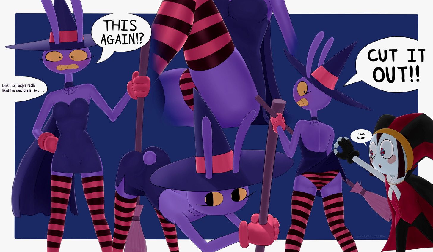 2025, absurd res, anal, anthro, ass, back, background, blush, body, broom, bulge, cleaning, clothed, clothing, crossdressing, crossdressing male, dialogue, duo, english text, female, focus, glitch productions, greystwitpage (artist), halloween, halloween costume, hi res, humanoid, jax (the amazing digital circus), leporid, looking, male, mammal, pomni (the amazing digital circus), purple, rabbit, simple, solo, text, the amazing digital circus, tool, upskirt, vampire, vampire girl, witch jax (the amazing digital circus)