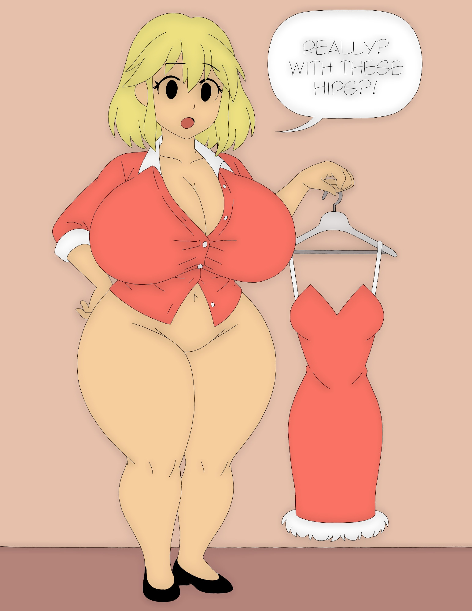 artvi, big breasts, black shoes, blonde female, blonde hair, bottomless, bottomless female, breasts, dress, female, female focus, female only, hangar, light skin, light-skinned female, milf, nickelodeon, pink background, pink clothing, rita loud, simple background, speech bubble, the loud house, thick thighs