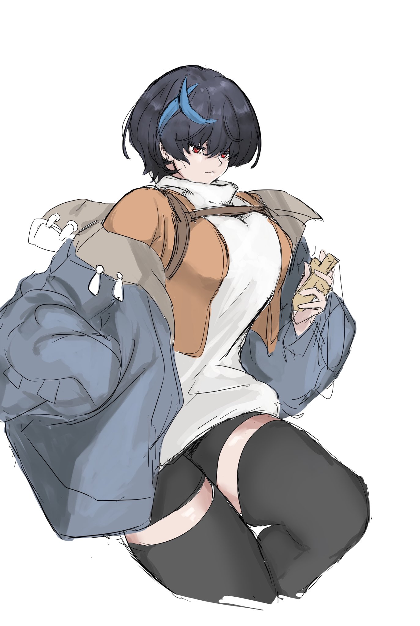 1girls, 2025, 2d, 2d (artwork), 2d artwork, arc system works, big breasts, black hair, black legwear, black thighhighs, blue hair, blue jacket, breasts, female, full body, guilty gear, guilty gear strive, hand in pocket, holding object, jacket, ni zu , orange clothing, pixie cut, red eyes, short shorts, shorts, simple background, thick thighs, thighhighs, thighs, tomboy, unika (guilty gear), white background