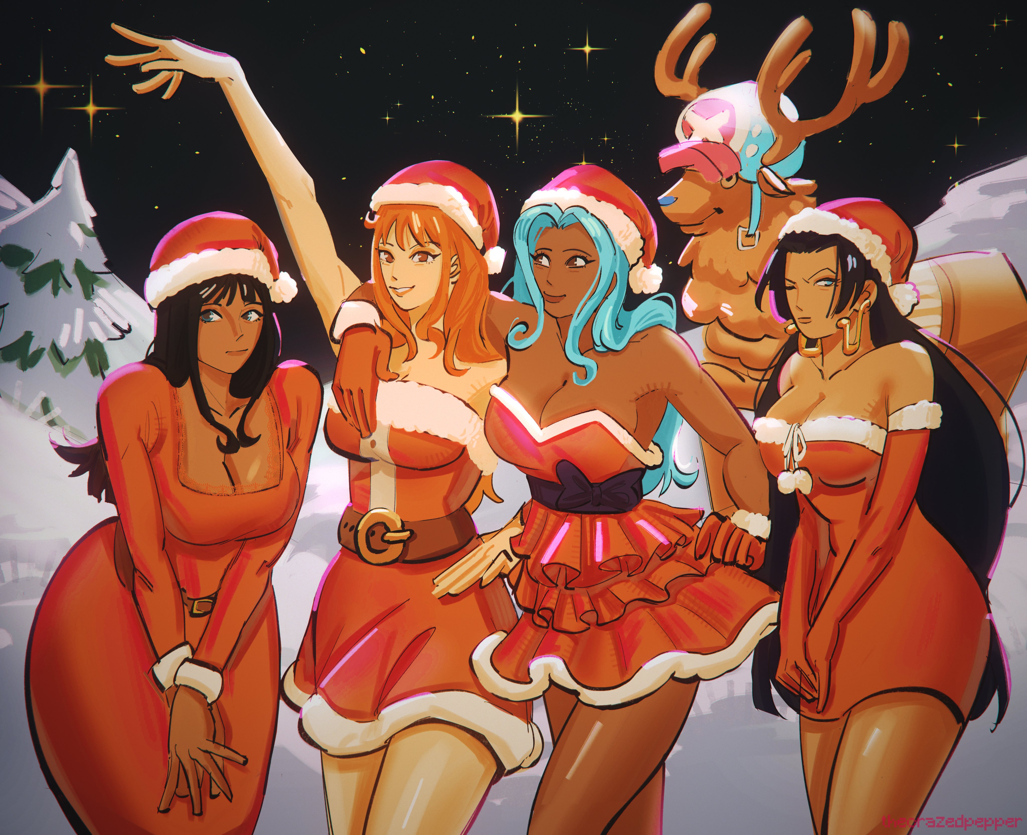 4girls, black hair, blue hair, boa hancock, christmas outfit, clothing, dark-skinned female, earrings, female, female only, nami (one piece), nefertari vivi, netflix, netflix character, nico robin, one piece, orange hair, thecrazedpepper