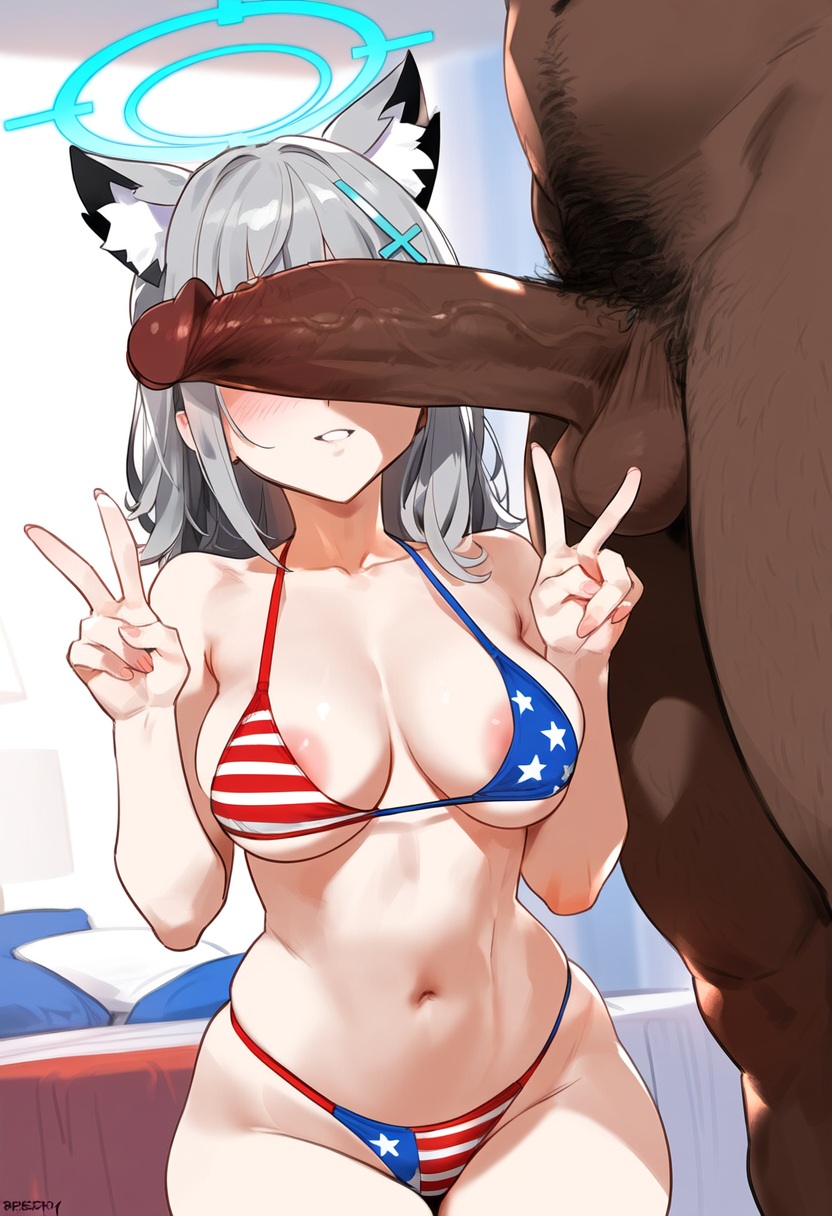 1boy, 1girls, ai generated, american flag bikini, areola slip, bikini, blue archive, breasts, cant see the haters, cheating, cuckold, dark skin, dark-skinned male, double peace sign, female, huge cock, imminent sex, interracial, large penis, light skin, light-skinned female, long penis, male, medium breasts, netorare, ntr, penis, penis on face, penis over eyes, shiny skin, shiroko (blue archive), smile, veiny penis, very dark skin