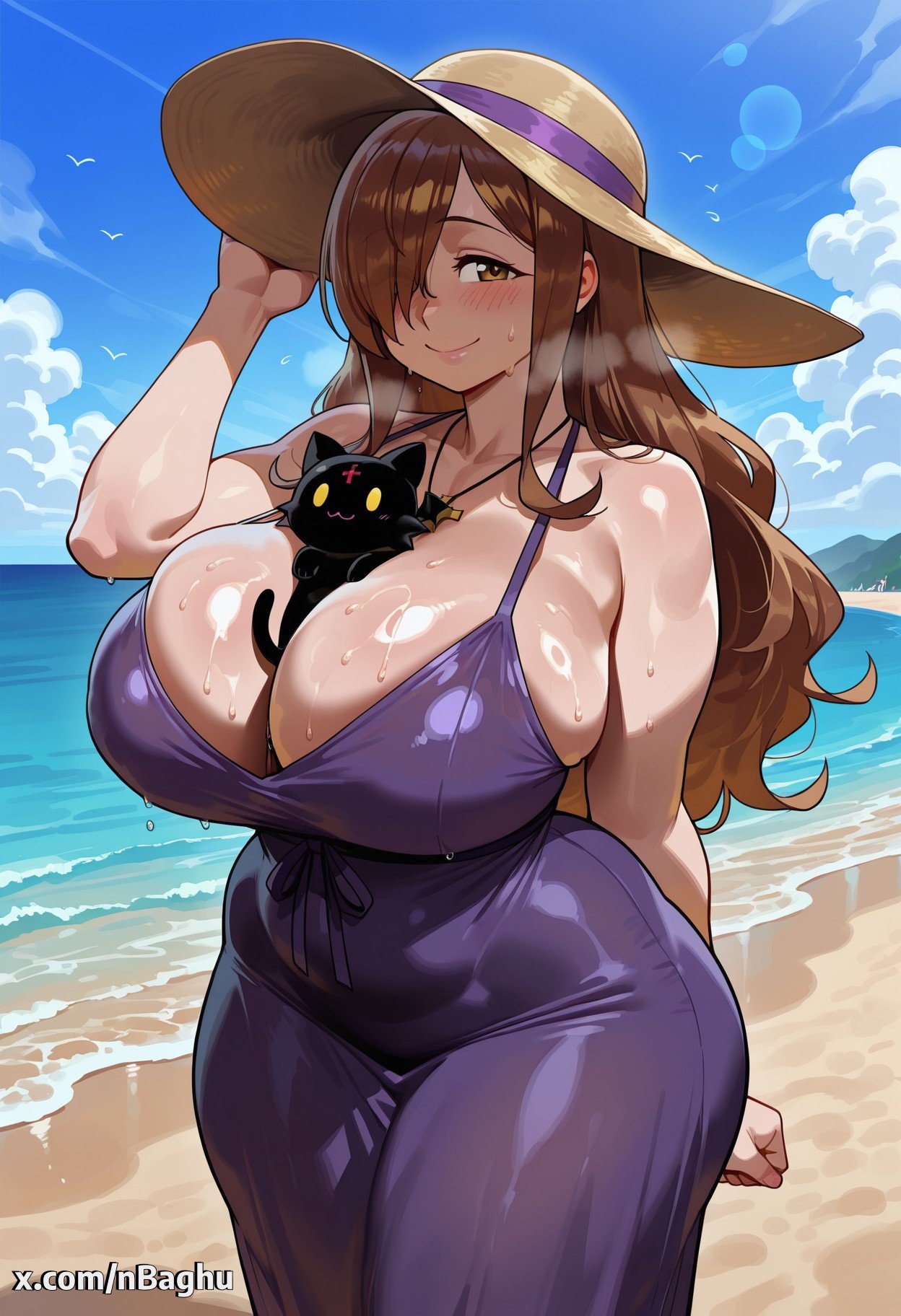 1girls, ai generated, beach, between breasts, big breasts, breasts, brown eyes, brown hair, chomusuke, dress, feline, female, female only, hair over one eye, huge breasts, kono subarashii sekai ni shukufuku wo!, konosuba, large breasts, light-skinned female, long hair, mature female, nbaghu, shiny skin, smile, solo, sun hat, sweat, thick thighs, wide hips, wiz (konosuba)