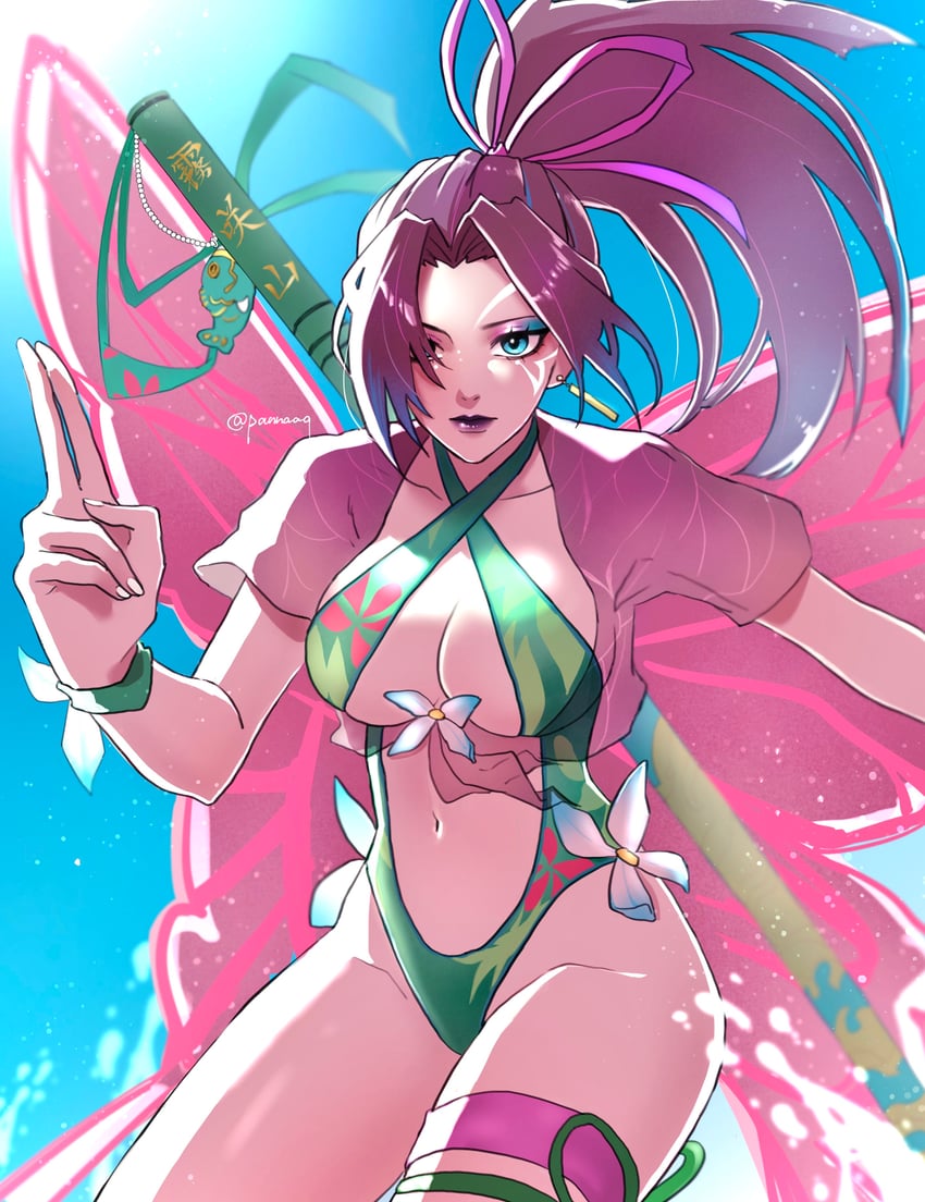 1girls, asian female, breasts, butterfly ornament, cleavage, female, green one-piece swimsuit, hair ribbon, japanese female, large breasts, long hair, looking at viewer, marvel, marvel rivals, mutant (marvel), one-piece swimsuit, pannaaq, ponytail, psylocke, psylocke (marvel rivals), psylocke (sai) (breezy butterfly), purple hair, ribbon, solo, solo female, swimsuit, thighs, water, weapon, x-men