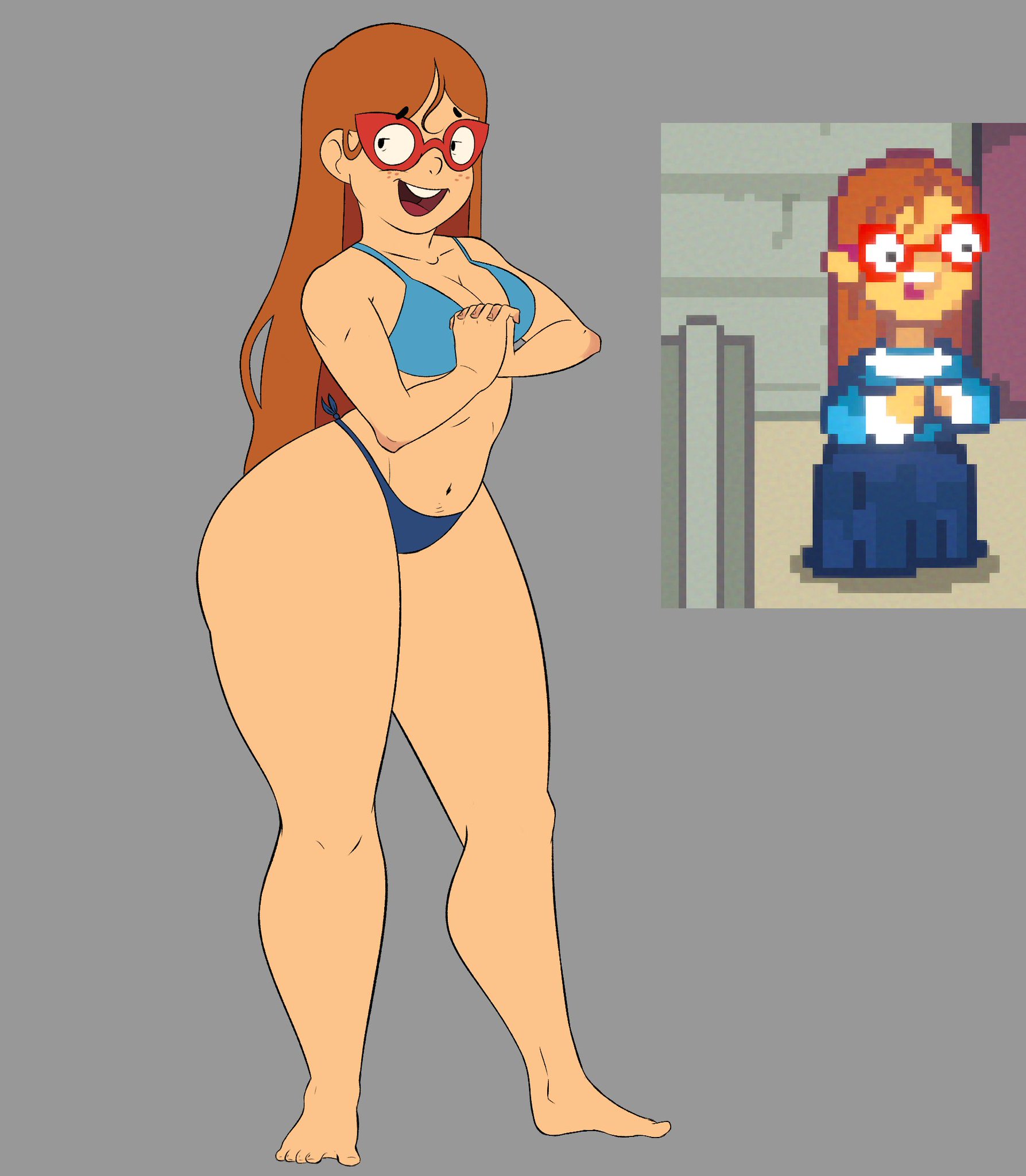 big ass, bikini, blue bikini, glasses, holding hands, kindergarten (game), kindergarten 3, long hair, ms. lovelett, red glasses, thick thighs