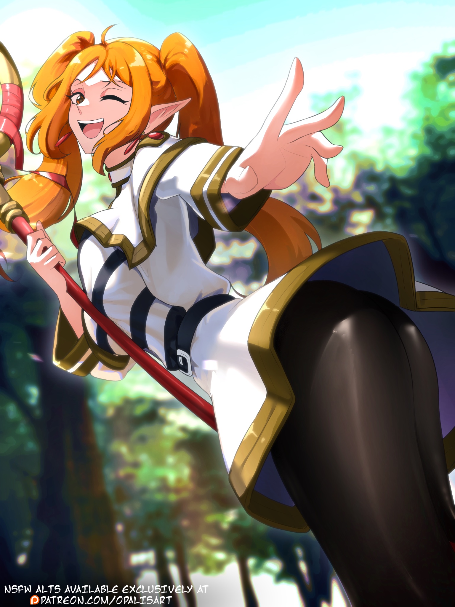 1girls, artist name, breasts, busty, crossover, crossover cosplay, female, female only, frieren (cosplay), hand, hourglass figure, hourglass figured female, large breasts, light skin, light-skinned female, nami (one piece), one piece, opalisart, orange hair, pantyhose, pointy ears, shiny clothes, skirt, small waist, sousou no frieren, staff, thin, thin female, thin waist, tight pants, twintails, wink