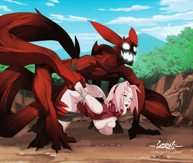 1boy, 1girls, 2d, 2d animation, alternate form, animated, animated gif, animated image, animation, bouncing breasts, breasts, breasts out, doggy style, forehead jewel, gif, green eyes, headband, medium breasts, monster, monster on female, naruto, naruto (series), naruto shippuden, nipples, on knees, open mouth, pale skin, pale-skinned female, penetration, pink hair, pink nipples, pupiless eyes, pupilless eyes, sakura haruno, sex, sex from behind, short hair, shorts around thighs, shorts down, shounen jump, shueisha, thrusting, transformation, uzrah, uzumaki naruto, uzumaki naruto (four tails form)