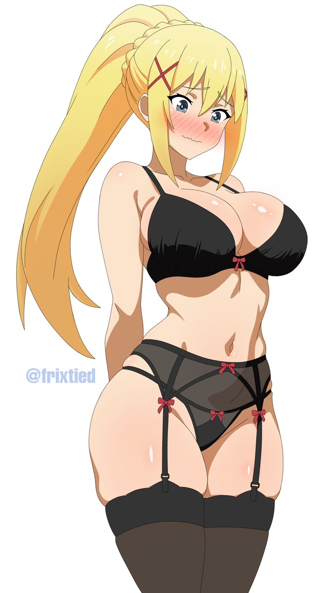 1girls, ass, big ass, big breasts, big butt, big thighs, big titties, black bra, black lingerie, black panties, blonde, blonde female, blonde hair, blonde-haired female, blue eyes, blue-eyed female, blush, blushing, blushing female, bra, breasts, clothing, curvaceous, curvaceous female, curvaceous figure, curvy, curvy figure, curvy hips, darkness (konosuba), female, female focus, female only, frixtied, garter belt, huge breasts, kono subarashii sekai ni shukufuku wo!, light-skinned female, lingerie, long hair, looking at viewer, panties, ponytail, sole female, solo, thick thighs, thighhighs, underwear, yellow hair