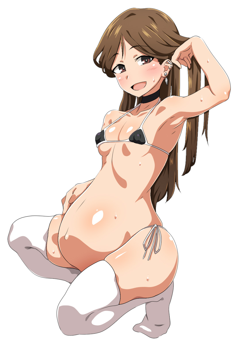 1girls, armpits, belly, big belly, bikini, breasts, brown hair, female, female only, kani club, long hair, micro bikini, nipple bulge, outie navel, pregnant, small breasts, solo