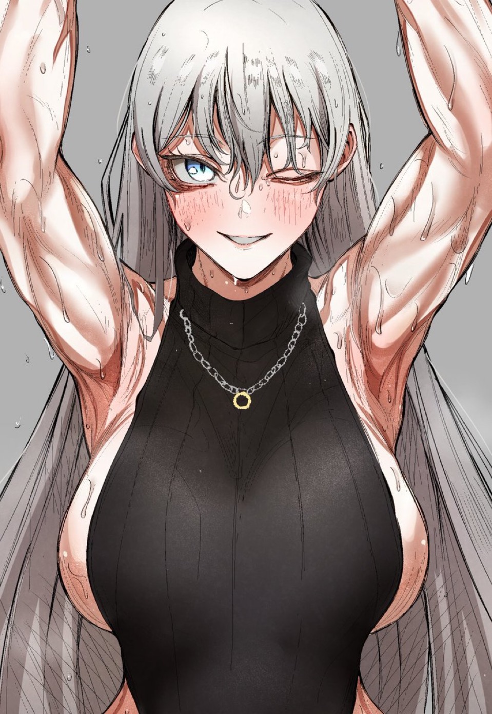 angelica (library of ruina), arms above head, arms behind back, big breasts, blue eyes, breasts, female, grey hair, library of ruina, nb8c, one eye closed, project moon, shiny skin, sideboob, smile, sweaty, white hair, wink