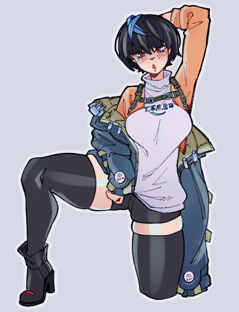 1girls, 2d, 2d (artwork), 2d artwork, arc system works, arm up, black hair, blue hair, blush, boots, breasts, covered armpit, female, guilty gear, guilty gear strive, jacket, jacket open, kuroi oni, light skin, light-skinned female, pixie cut, raised arm, raising arm, red eyes, shiny skin, shirt, thick thighs, thigh squish, thighhighs, thighs, tomboy, unika (guilty gear)