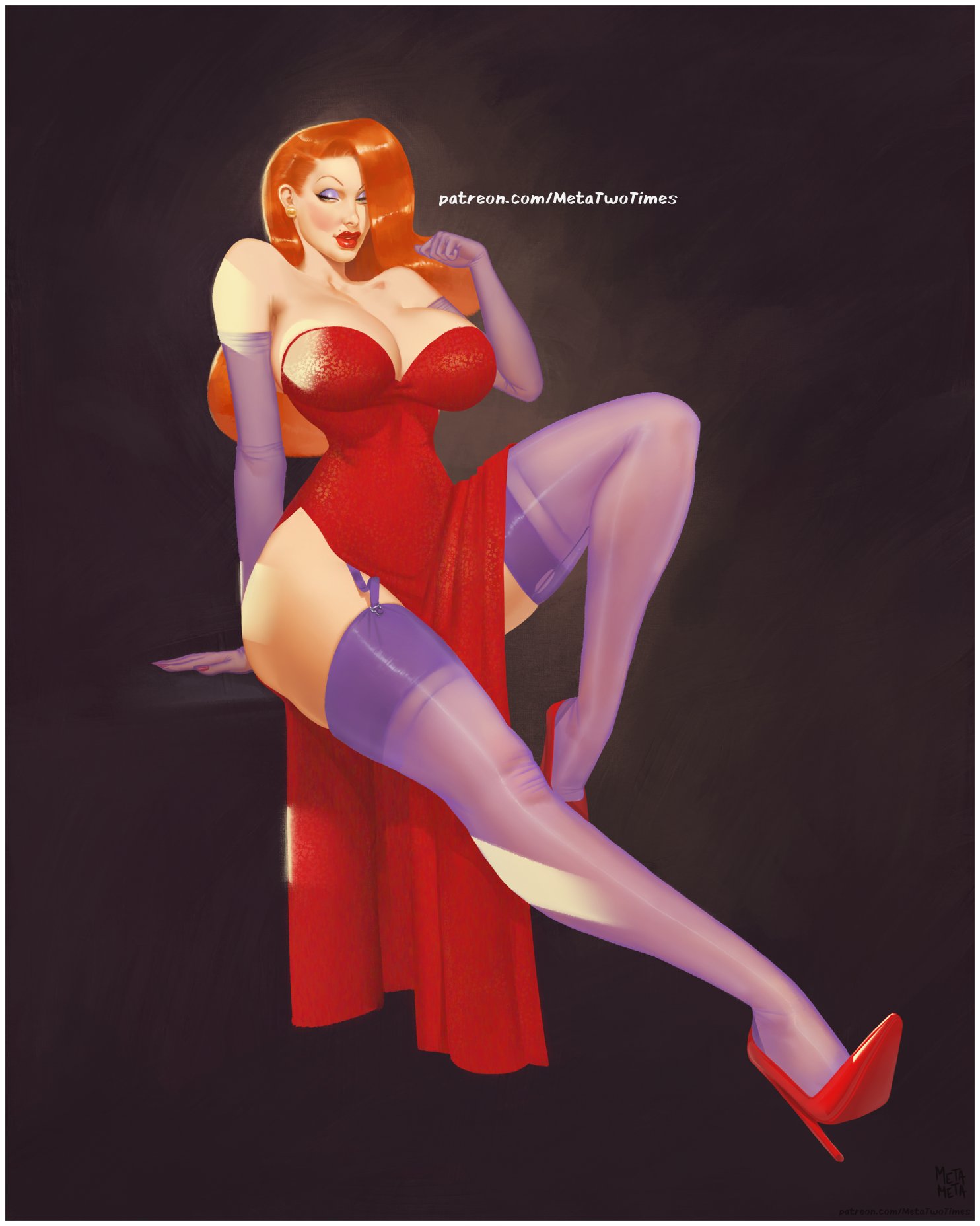 1girls, alternate version available, artist name, breasts, busty, curvy, disney, female, full lips, hair over one eye, high heels, hourglass figure, huge breasts, jessica rabbit, large breasts, legs, light skin, light-skinned female, metameta/metatwotimes, purple eyeshadow, red dress, red hair, red lipstick, small waist, stockings, thick thighs, who framed roger rabbit
