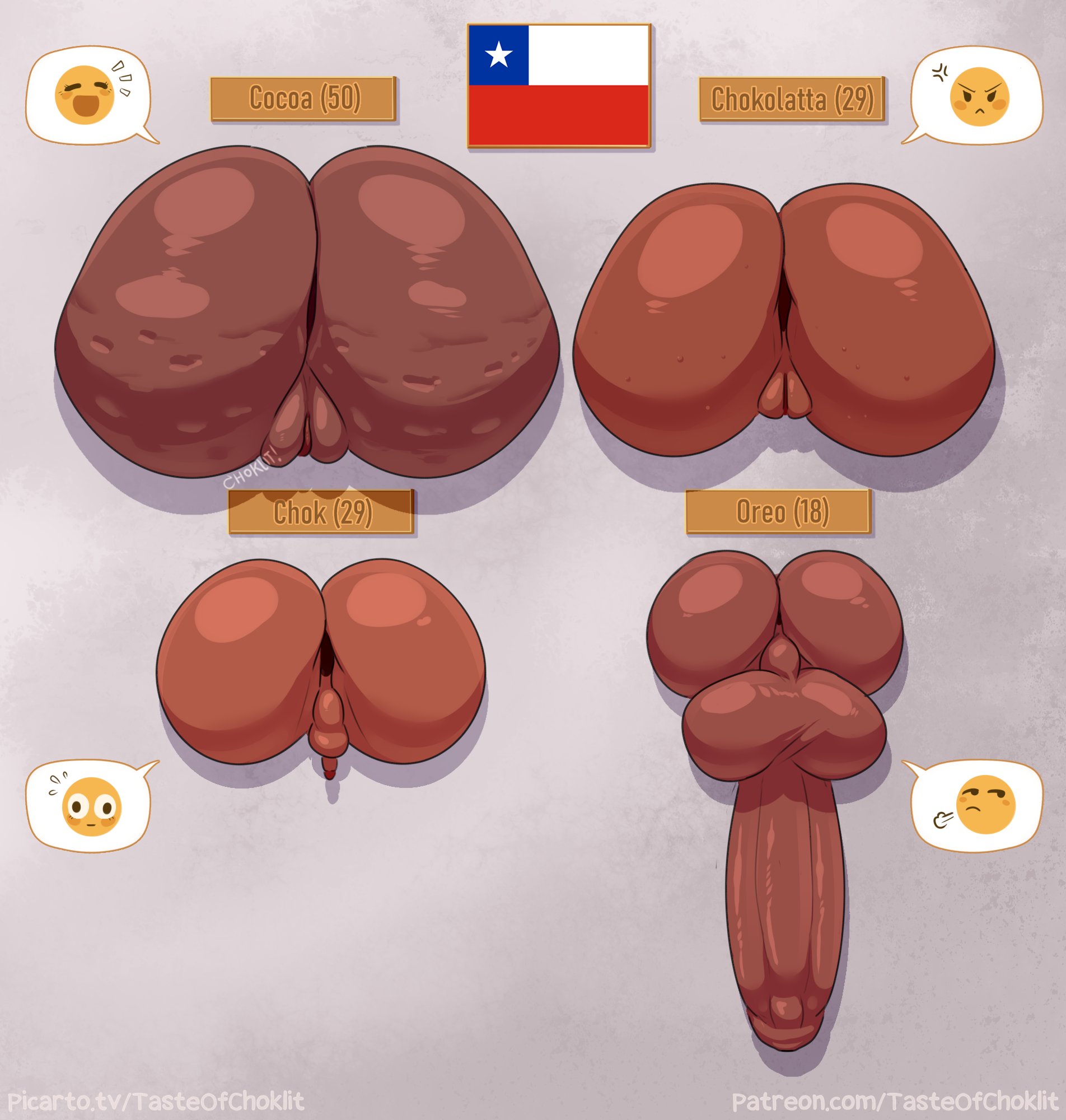 2futas, 2girls, ass, ass focus, big penis, bubble butt, chilean, chilean flag, choklit (tasteofchoklit), chokolatta, cocoa (tasteofchoklit), emoji, female, futanari, lineup, male, milf, oc, oreo (tasteofchoklit), penis, presenting, presenting hindquarters, pussy, stuck in wall, tasteofchoklit, tastetown (tasteofchoklit)