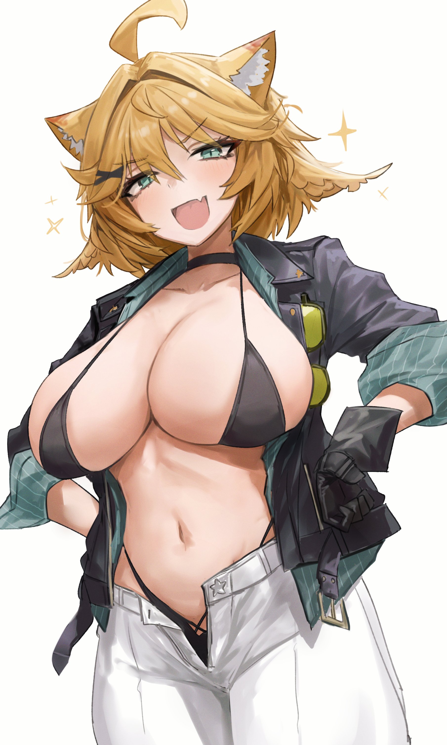 :d, 1girls, arrogant, bikini, breasts, dokibird, dokibird (dokitty), female, gabang02, hands in pockets, hands on hips, happy, huge breasts, indie virtual youtuber, open clothes, open jacket, solo, sparkles, virtual youtuber, white jeans