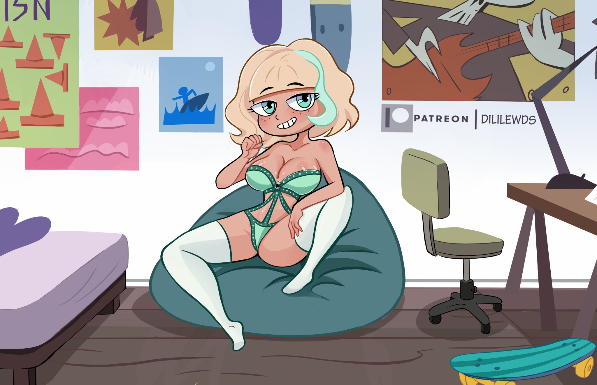 1girls, 2025, beanbag, bedroom, bra, breasts, diligi, dililewds, disney, disney princess, disney xd, female, female focus, female only, freckles, green eyes, high socks, jackie lynn thomas, large breasts, legs apart, legs spread, lingerie, lingerie only, looking at viewer, panties, sitting on bean bag, smile, socks, solo focus, star vs the forces of evil, streaked hair, thighhighs, turquoise, underwear, underwear only