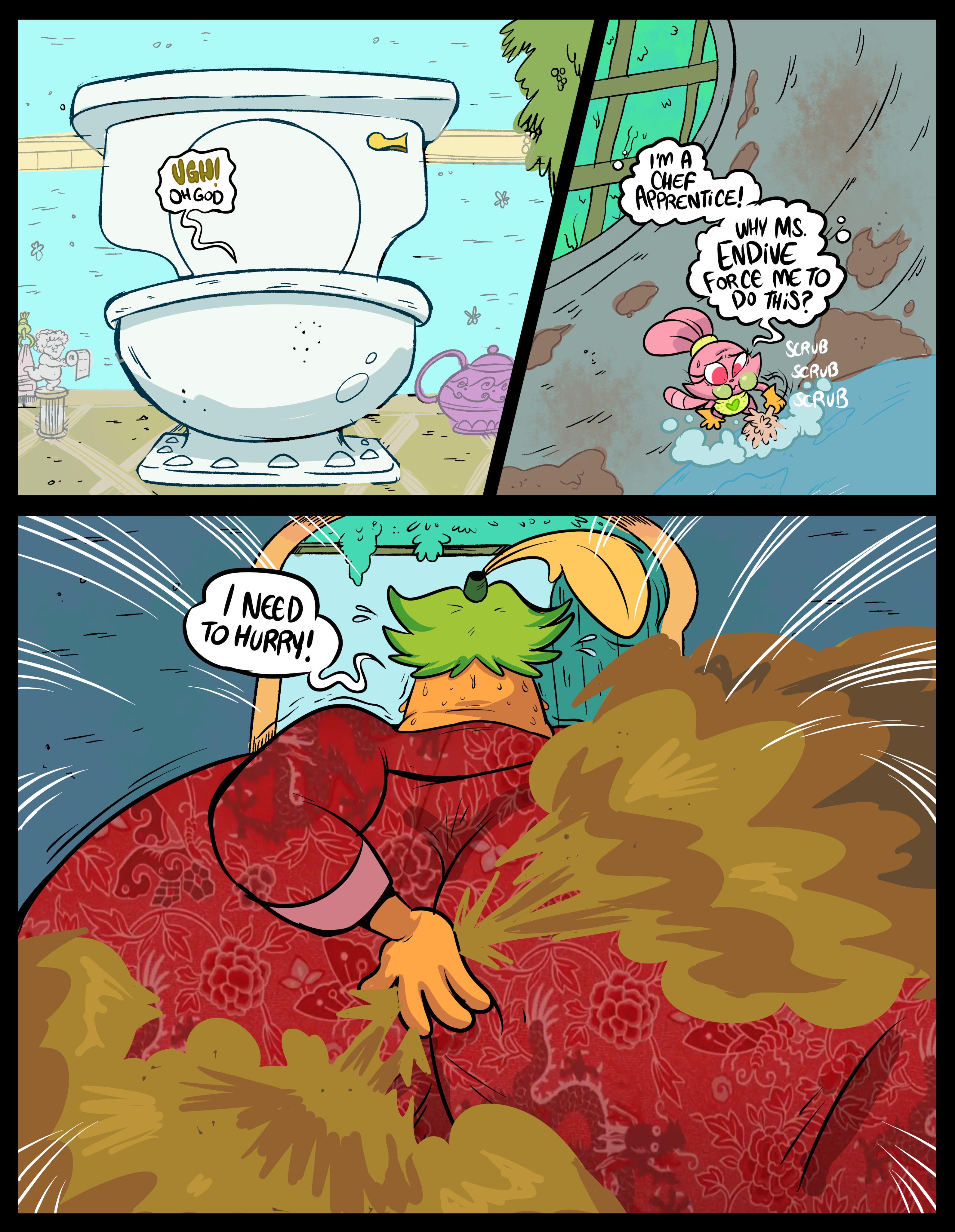 2025, ass, ass focus, big ass, big butt, bubble butt, butt focus, cartoon network, chowder, chowder (series), cleaning tool, endive, fart, fart cloud, fat ass, fat butt, green hair, happypokeyboy, high resolution, highres, holding in fart, hyper, hyper ass, hyper butt, orange body, orange skin, panini, pink body, plump, plump ass, plump butt, plump thighs, running, teapot, text, text bubble, thick butt, thick thighs, thought bubble, toilet, wide ass, wide hips, wide thighs