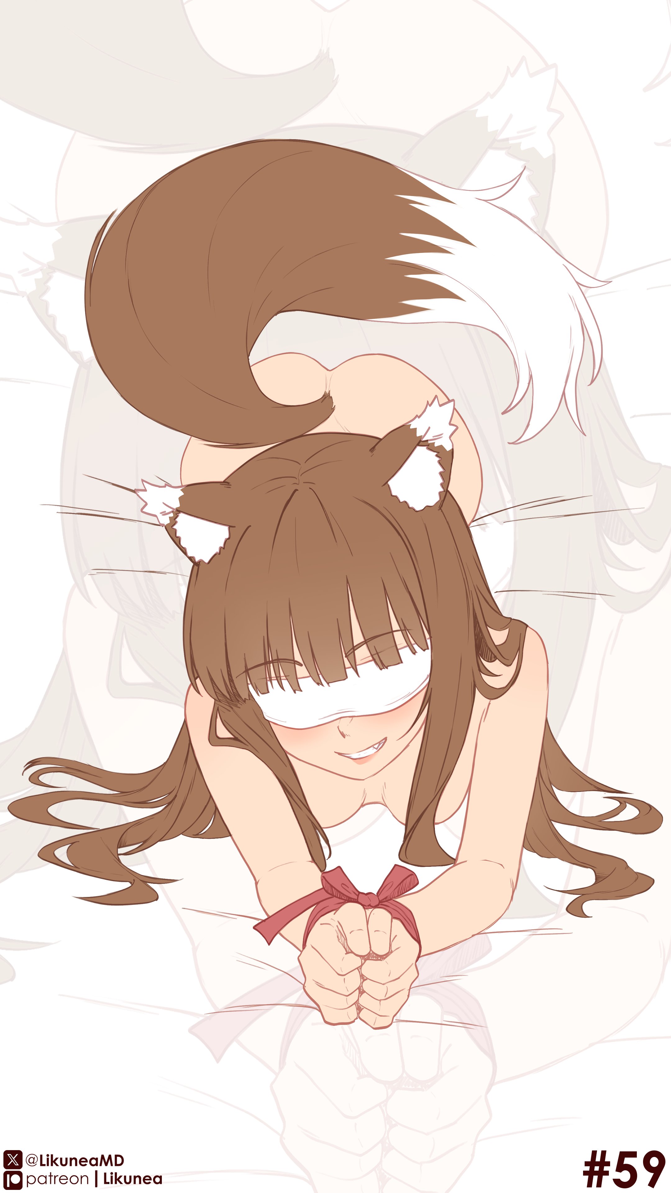 1girls, all fours, animal ears, animal tail, ass, ass up, ass up face down, blindfold, blindfolded, bound, bound wrists, breasts, brown hair, brown-haired female, cute fang, face down ass up, female, female only, fluffy, fluffy tail, highres, holo, kemonomimi, likunea, long hair, long-haired female, medium breasts, naked, naked female, nude, nude female, sole female, spice and wolf, tagme, tail, wolf ears, wolf girl, wolf tail