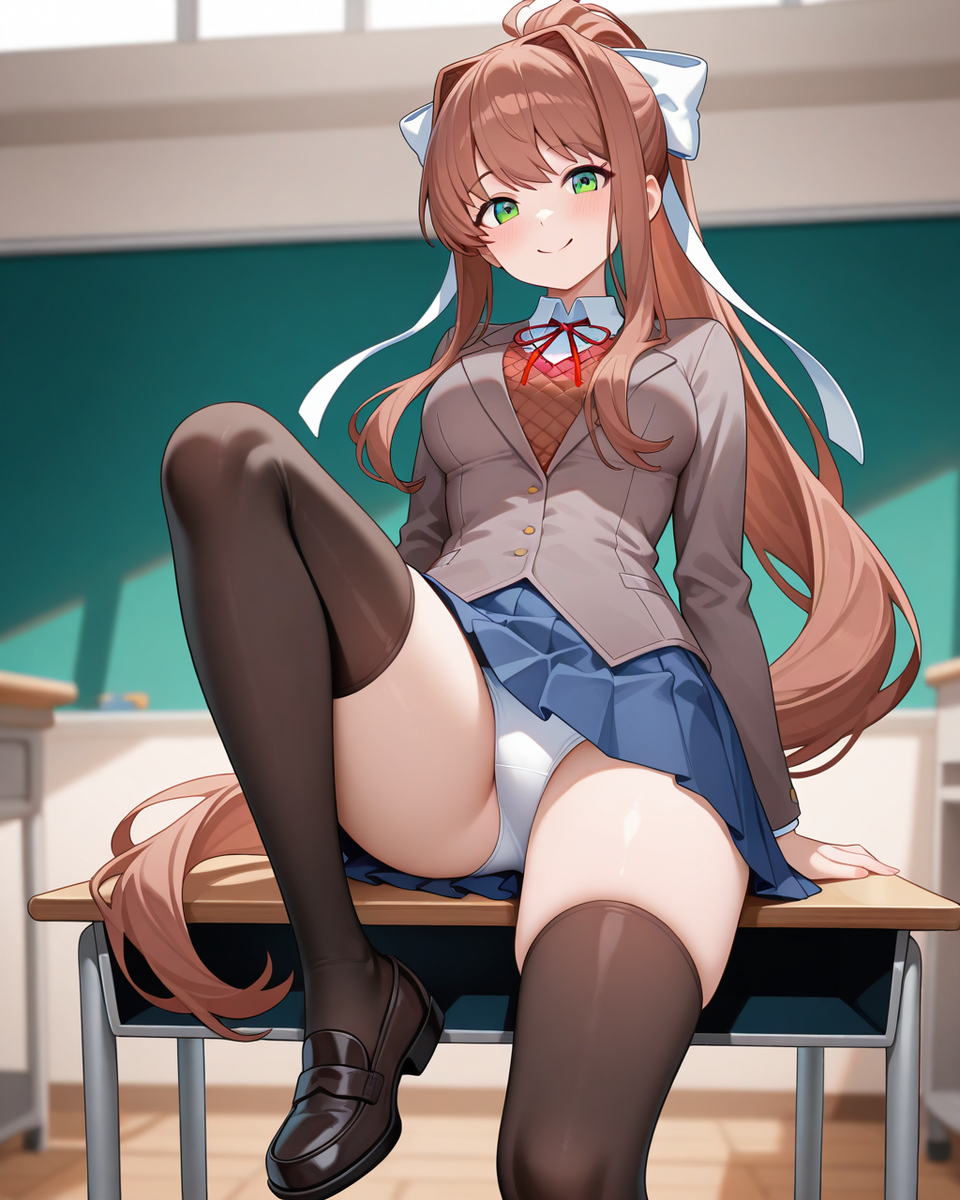 1girls, absolute territory, ai generated, artist name, artist request, ass, black thigh highs, black thighhighs, blush, brown hair, chalkboard, classroom, clothes, clothing, desk, doki doki literature club, female, green eyes, hair, hair ribbon, hairbow, holding object, long hair, looking at viewer, monika (doki doki literature club), one knee up, panties, pixiv link, school desk, short skirt, sitting, sitting on desk, skirt, skirt up, slight blush, smile, smiling, smiling at viewer, solo, solo female, tagme (artist), thick thighs, thigh highs, thighhighs, thighs, upskirt, white panties