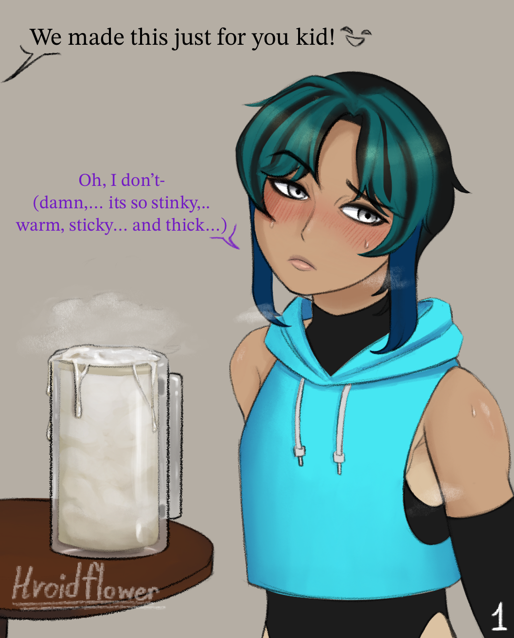 1futa, ambiguous gender, astra selene, beer mug, blue hair, blush, blush lines, clothed, clothing, crop top, cum, cum as food, cum drip, cum in container, cum in cup, cum mug, cum string, disgusted, disgusted look, drinking, drinking cum, drinking glass, embarrassed, excessive cum, femboy, fully clothed, futanari, girly, glass cup, glass of cum, gokkun, hvoidflower, intersex, makeup, male, mug, multicolored hair, naughty face, precum, reluctant, short sleeves, sissy, smegma, solo, solo focus, steam, steaming, steaming body, sweat, sweaty, tanline, tanlines, thevoidflower, trap, twink, unseen male face