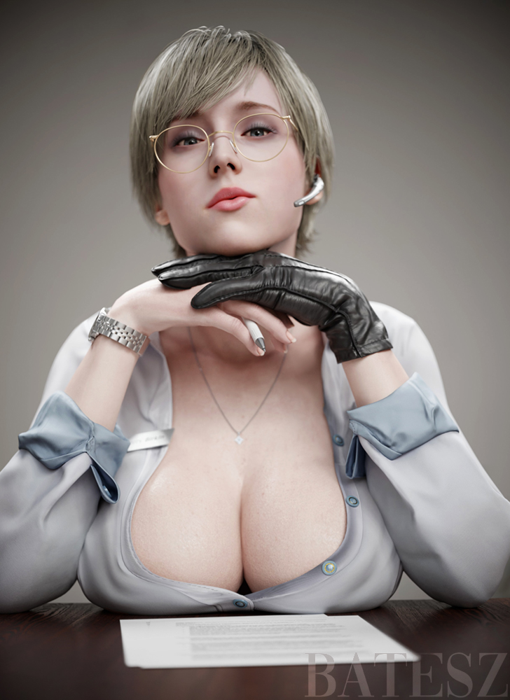 1girls 3d batesz big_breasts blonde_female blonde_hair busty capcom cleavage female female_only glasses huge_breasts large_breasts light-skinned_female light_skin milf resident_evil resident_evil_9:_requiem sherry_birkin sherry_birkin_(bridgette_haze) short_hair