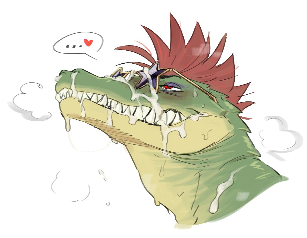 alligator, alligator tail, alligatorid, alligatorid humanoid, animatronic, anthro, anthro male, background, biceps, black nails, clawed fingers, claws, crocodile, crocodile tail, crocodilian, crocodylid, cum, cum on face, eye wear, face paint, facial markings, fingerless gloves, five nights at freddy's, five nights at freddy's: security breach, fnaf, green body, green scales, green skin, long nails, machine, male, male only, mohawk, mohawk (hairstyle), montgomery gator (fnaf), muscles, muscular, muscular anthro, muscular body, muscular furry, muscular male, non human, ppaljang, red eyes, red hair, reptile, reptile humanoid, scales, scalie, scottgames, shades, sharp teeth, shoulder pads, solo, solo male, spiked bracelet, spikes, spotted body, star shades, steel wool studios, sunglasses, tail markings, two-tone body, white, yellow body, yellow scales, yellow skin