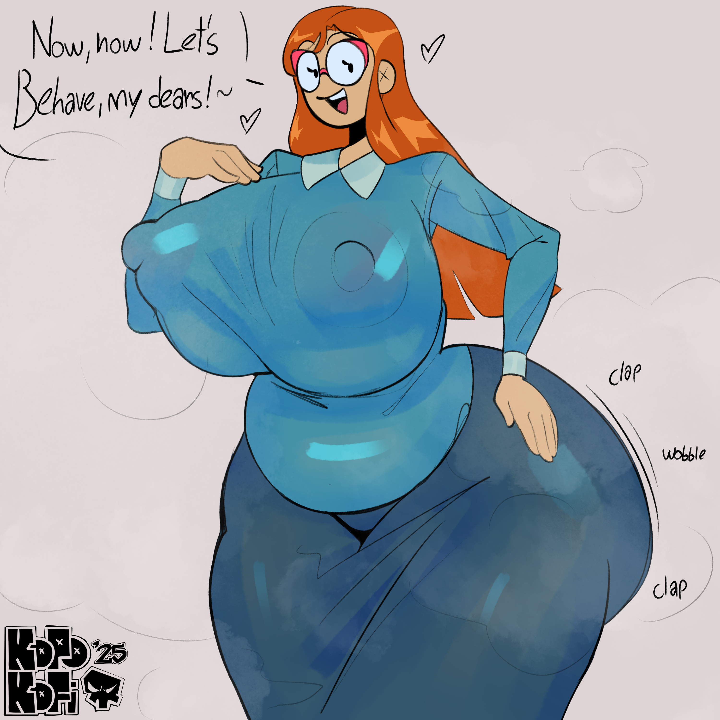 1girls, ass, auburn hair, big ass, big breasts, breasts, clapping cheeks, english text, fat ass, female, glasses, huge breasts, kindergarten (game), kindergarten 3, kopokofiart, large ass, large breasts, ms. lovelett, nipples, nipples visible through clothing, orange hair, shaking, shaking ass, shaking butt, sound effects, talking, teacher, text, watermark, wiggle lines
