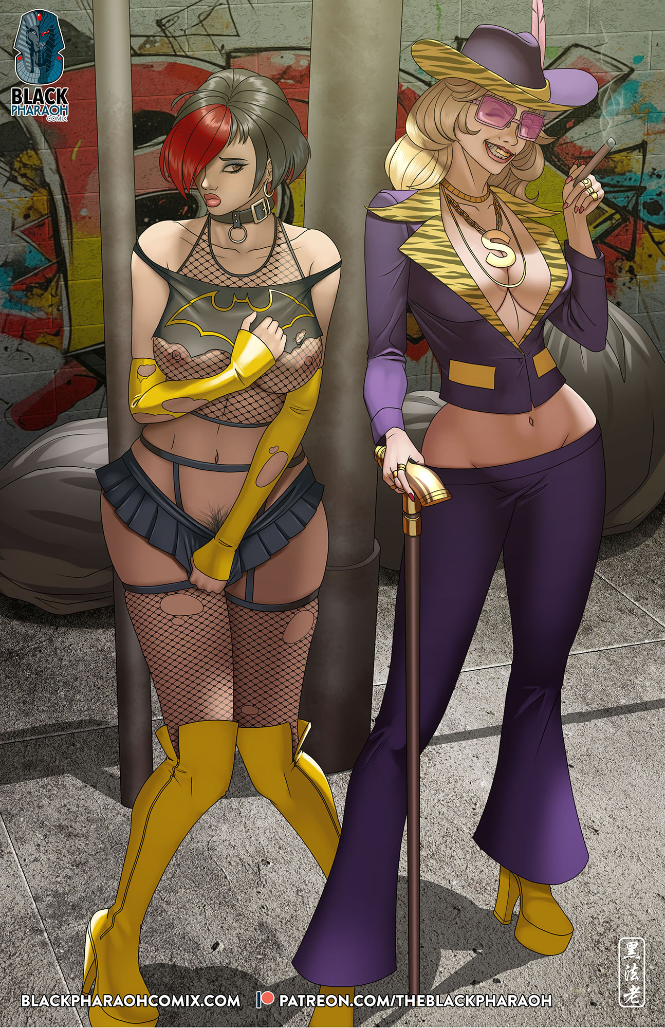 2girls, artist logo, artist name, batman (series), belly, belly button, black hair, blonde hair, boots, breasts, brown eyes, cane, cassandra cain, chains, choker, cigar, closed eyes, collar, dc, dc comics, elbow gloves, english text, exposed midriff, eyeshadow, feathers, female, female only, fishnets, gloves, gold teeth, graffiti, graffiti on wall, heel boots, heels, huge breasts, jpg, low-rise pants, makeup, microskirt, nervous, nipples, patreon, patreon logo, patreon url, patreon username, pimp, pimp cane, pimp hat, pink lipstick, prostitute, prostitute clothes, prostitution, pubic hair, pushing down, red fingernails, red lipstick, red streak, ring, skirt, smiling, stephanie brown, sunglasses, text, theblackpharaoh, torn clothes, two-tone hair, web address