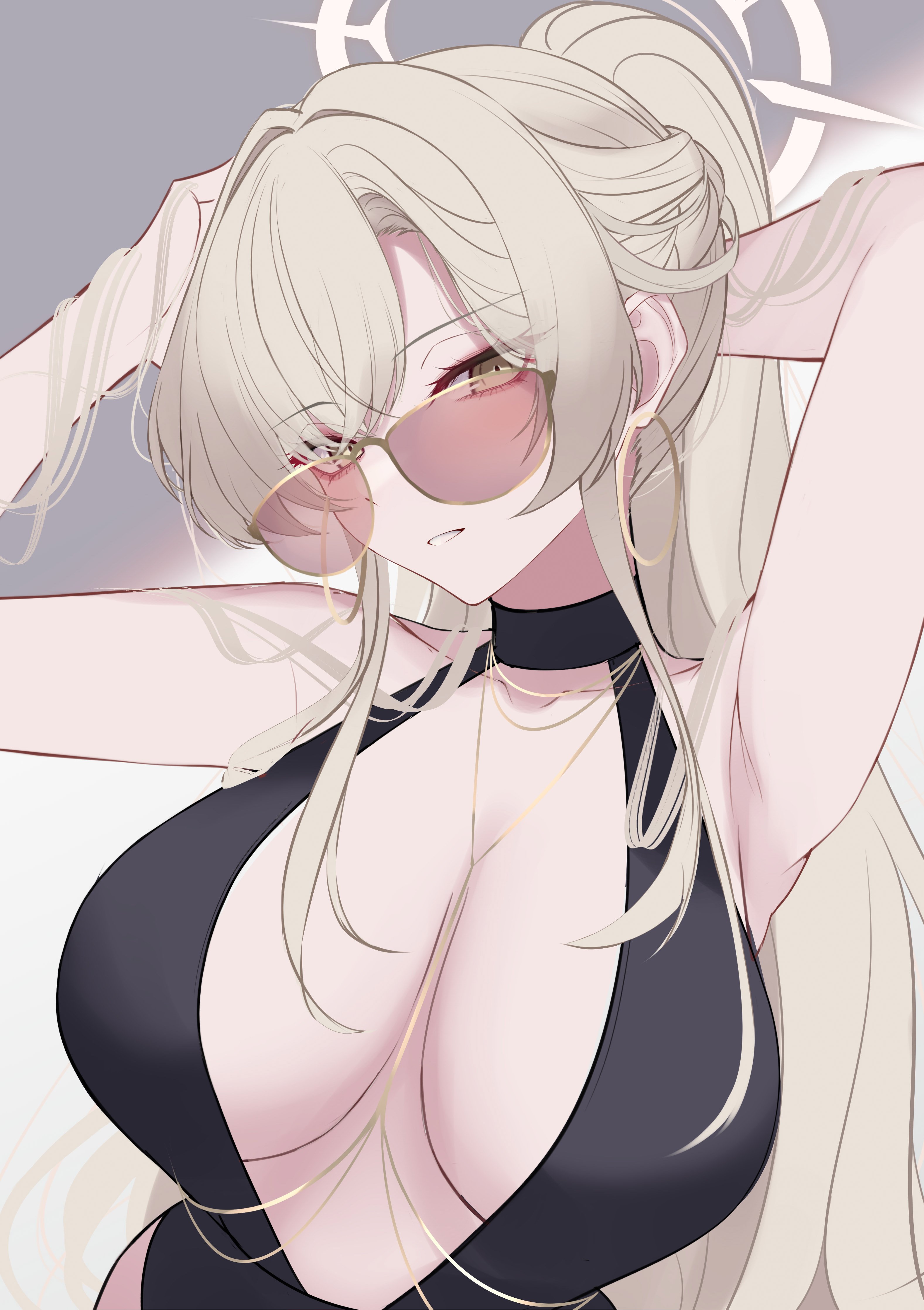 1girls, big breasts, blonde hair, blue archive, breasts, cleavage, female, large breasts, long hair, looking over eyewear, looking over sunglasses, nagisa (blue archive), ponytail, rai (newtype xm-x1), solo, sunglasses, swimsuit, tinted eyewear