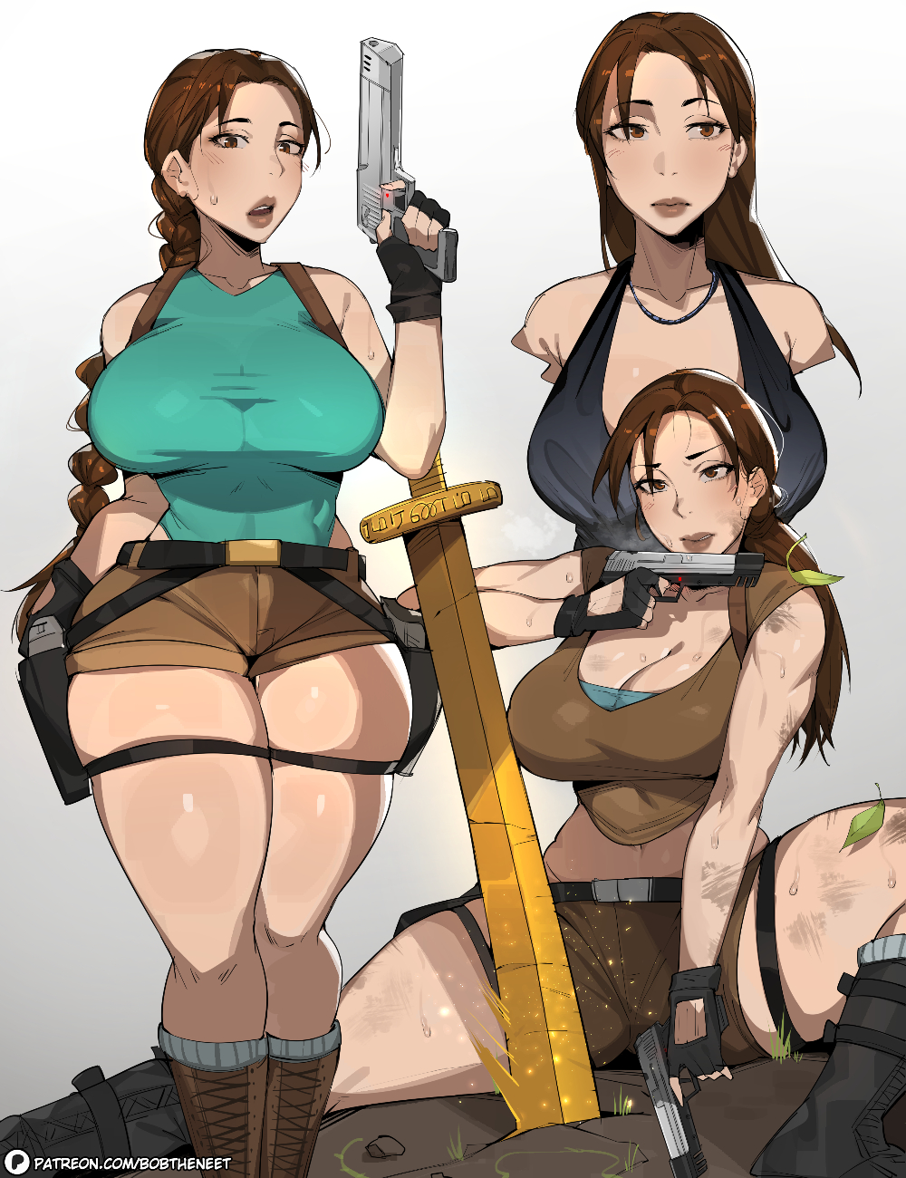 1girls, 2d, blush, blushing at viewer, bobtheneet, boots, breasts, brown hair, clothed, clothed female, color, curvy, dirt, dirty, elijahzx, female, firearm, gun, lara croft, lara croft (classic), large breasts, leotard, multiple outfits, multiple views, no sex, ponytail, shiny skin, shiny thighs, short shorts, sweat, sweatdrop, tank top, thick thighs, thigh squish, tight clothing, tomb raider, tomb raider (classic), white background, white skin