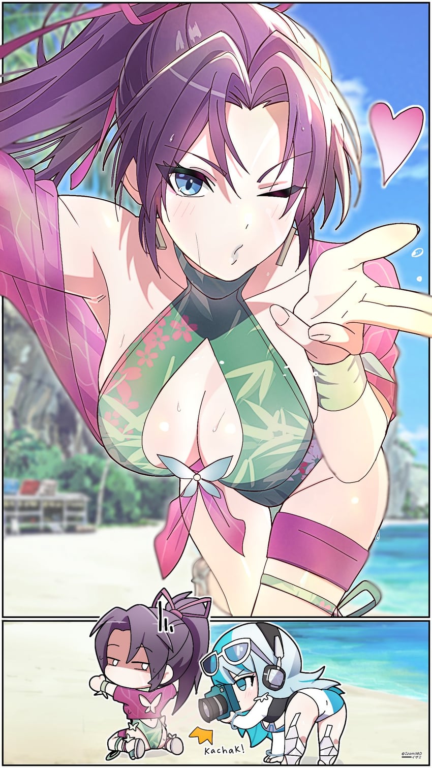 2girls, asian female, ass, backless swimsuit, beach, blue sky, blush, breasts, butterfly ornament, camera, chibi, cleavage, curvy, curvy female, curvy figure, female, female pervert, funny, green lips, green one-piece swimsuit, hair ribbon, izami md, japanese female, korean female, large breasts, light skin, light-skinned female, long hair, looking at viewer, luna snow, luna snow (cool summer), luna snow (marvel rivals), marvel, marvel rivals, mutant (marvel), one-piece swimsuit, pervert, photo, ponytail, psylocke, psylocke (marvel rivals), psylocke (sai) (breezy butterfly), purple hair, ribbon, sand, seol hee, sky, swimsuit, thighs, two-tone hair, water, x-men