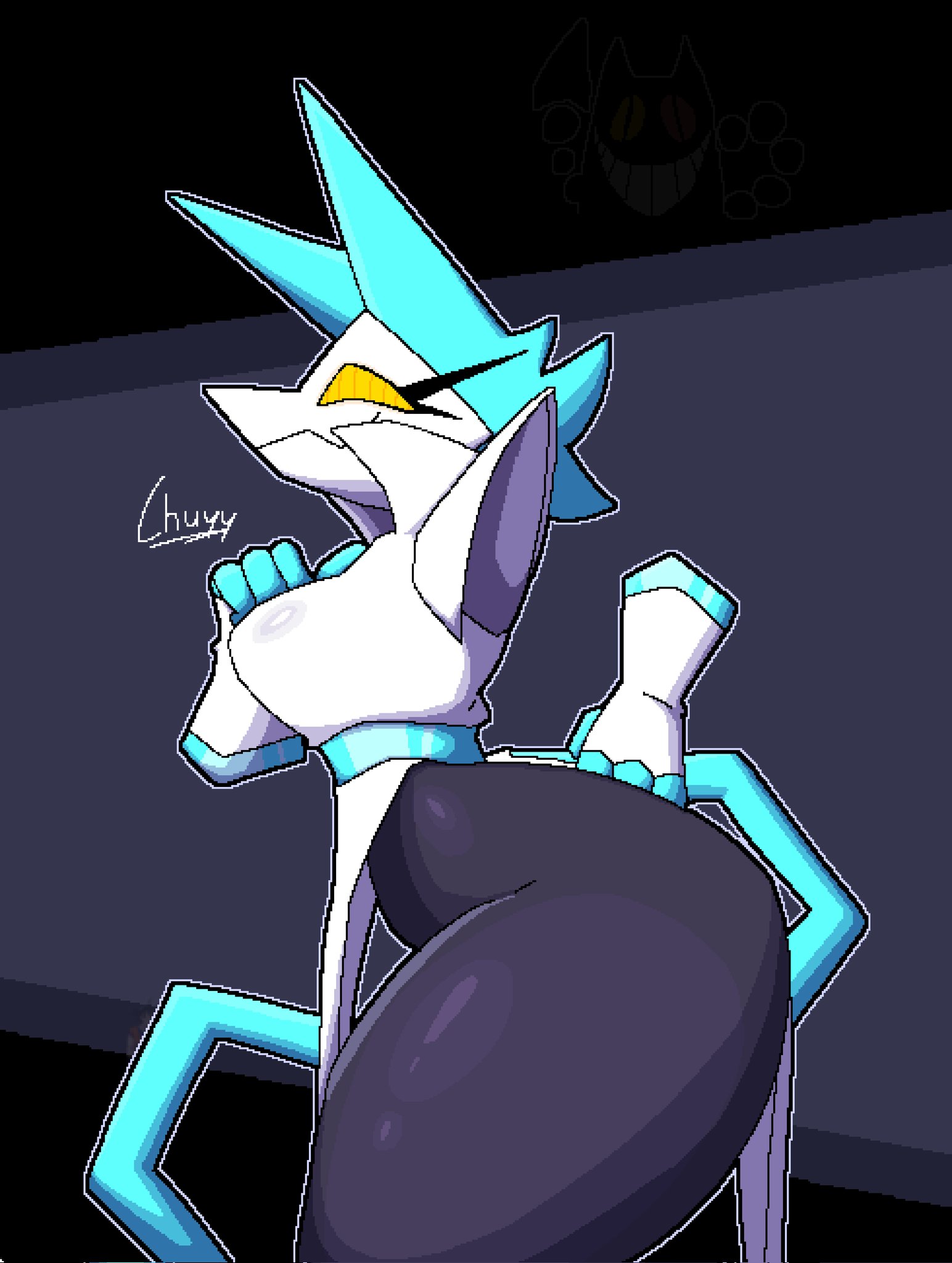 back view, big breasts, biped, blush, breasts, chuyy, clothed, clothing, deltarune, eyelashes, female, front view, holding object, holding whip, huge breasts, looking at viewer, machine, open mouth, robot, smile, solo, tasque manager (deltarune), thick thighs, undertale (series)