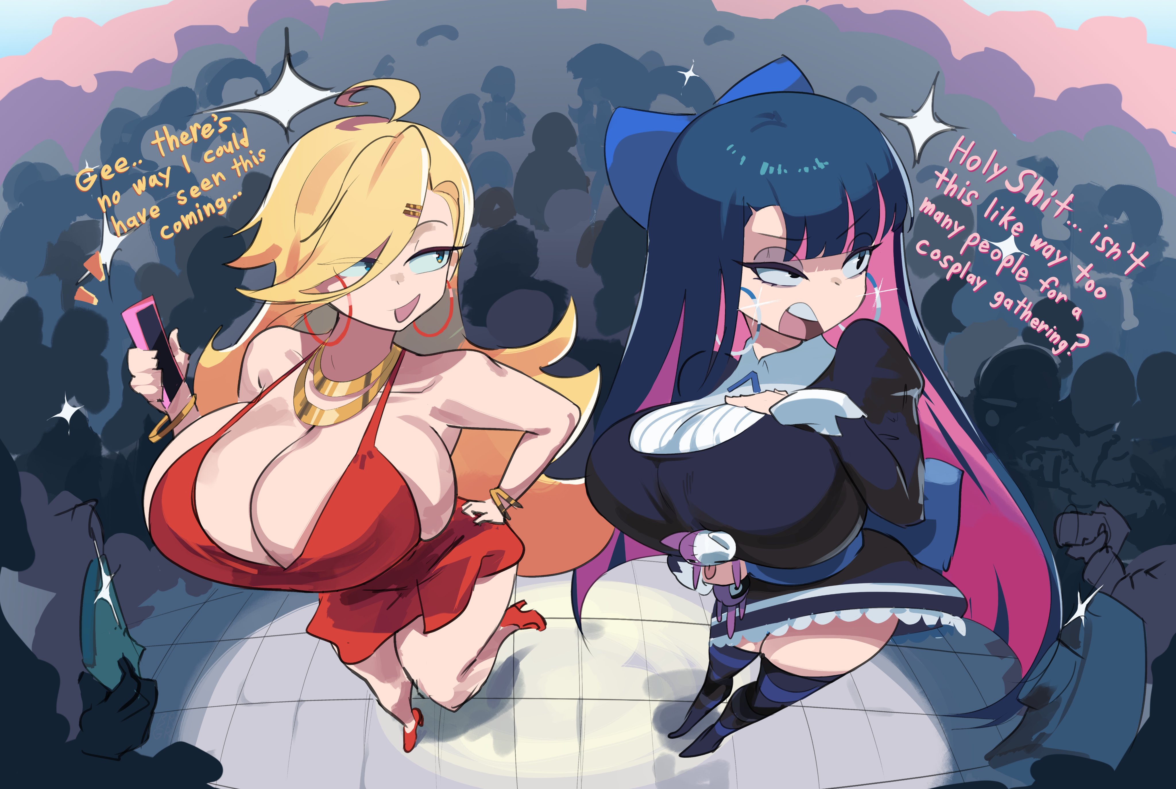 2d, 2d (artwork), 2d artwork, 2girls, alternate breast size, ass, audience, background, big ass, big boobs, big breasts, big hips, big thighs, big tits, black hair, blonde hair, boobs, booruguru, bracelet, bracelets, breasts, cosplay, crowd, crowd taking pictures, crowded, dialog, dialogue, doll, dress, duo, duo focus, ear piercing, ear ring, earrings, english text, fat breasts, female, goth, goth (booruguru), heels, hips, huge boobs, huge breasts, huge tits, light body, light skin, light-skinned female, magister (bigbakunyuu), multicolored hair, neck ring, open mouth, pale, pale body, pale skin, pale-skinned female, pandora smith, panty & stocking with garterbelt, panty anarchy, panty anarchy (cosplay), phone, pierced ears, piercing, piercings, pink hair, ribbon, ribbon in hair, short skirt, skirt, speech, stocking anarchy, stocking anarchy (cosplay), tagme, teeth, teeth showing, teeth visible, text, thick hips, thick thighs, thighhighs, thighs, thunder thighs, tits, tongue