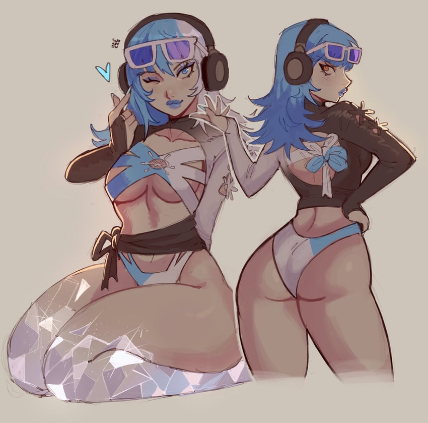 1girls, asian, asian female, ass, ass focus, breasts, clothing, covered navel, cyan lipstick, eyewear on head, female, headphones, hips, kneeling, korean, korean female, light skin, light-skinned female, looking at viewer, looking back, luna snow, luna snow (cool summer), luna snow (marvel rivals), marvel, marvel comics, marvel rivals, medium breasts, multiple views, one eye closed, revealing clothes, simple background, solo, sunglasses, sunglasses on head, swimsuit, two-tone hair, underboob, widisu