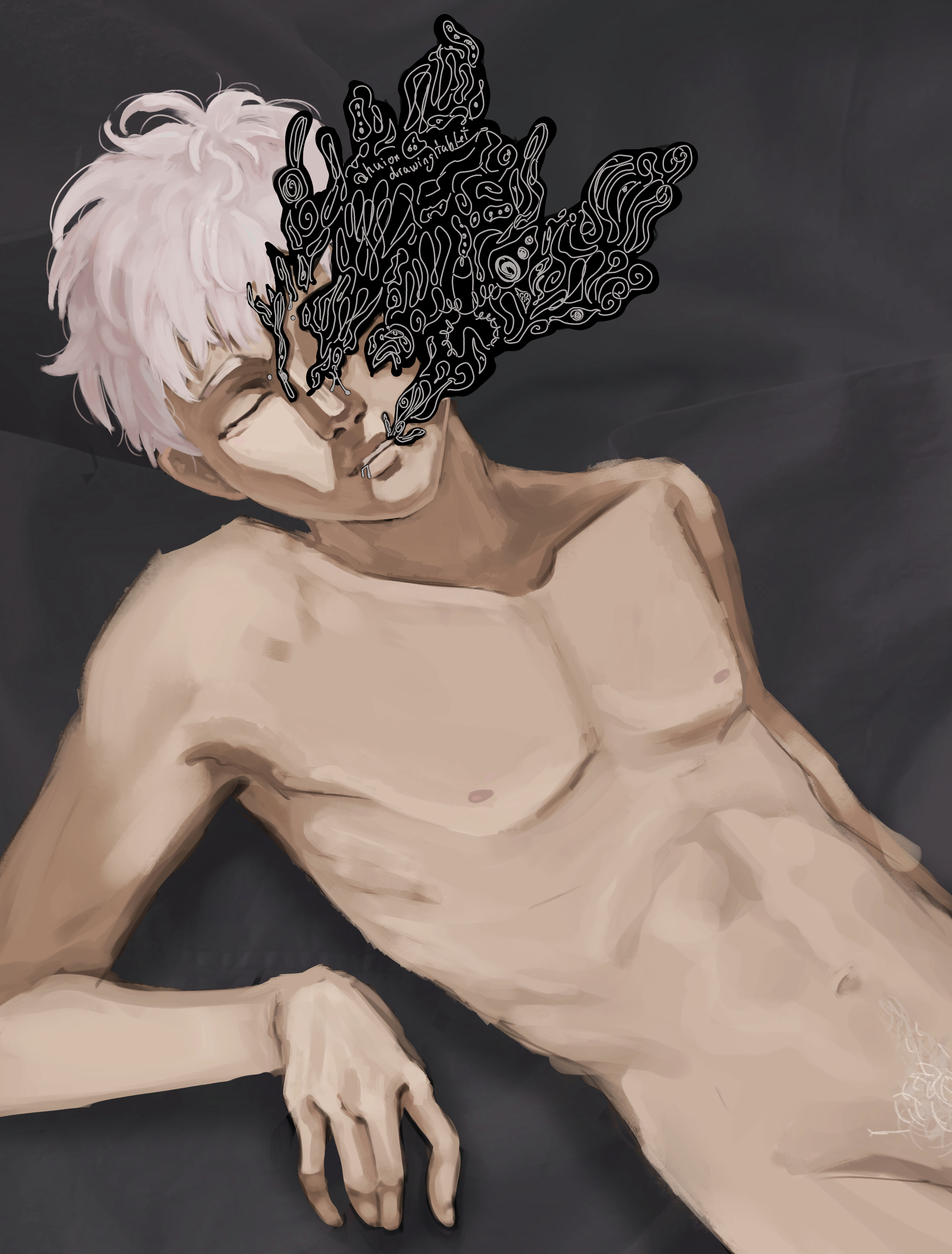 closed eyes, hikaru indou, male, male only, pubes, pubic hair, shirtless, short hair, sleeping, the summer hikaru died, white hair