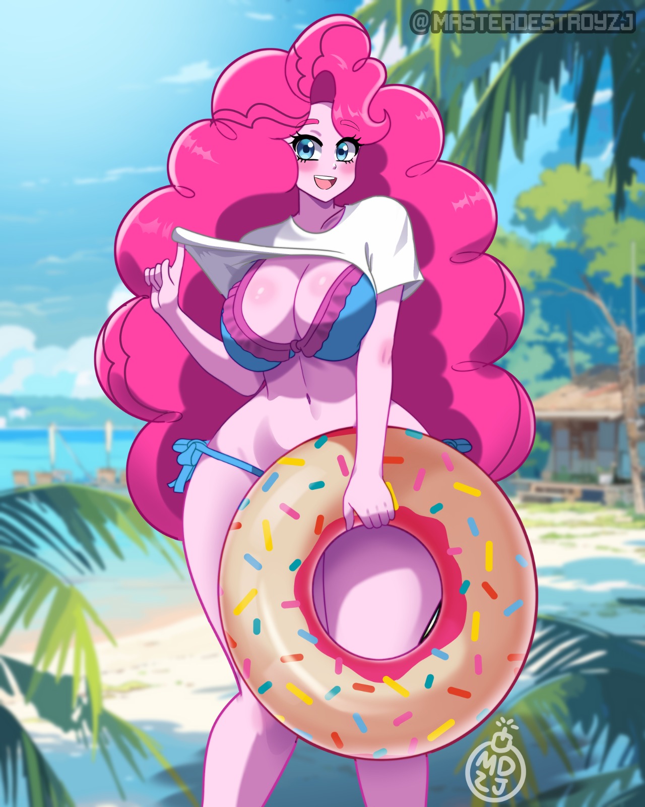 1girls, ass, ass focus, back view, big ass, big breasts, big butt, big thighs, big titties, bikini, blue eyes, breasts, clothing, curvaceous, curvaceous female, curvaceous figure, curvy, curvy figure, curvy hips, equestria girls, female, female focus, female only, friendship is magic, hasbro, large breasts, looking at viewer, masterdestroyzj, my little pony, pink body, pink hair, pinkie pie (eg), pinkie pie (mlp), solo, solo female