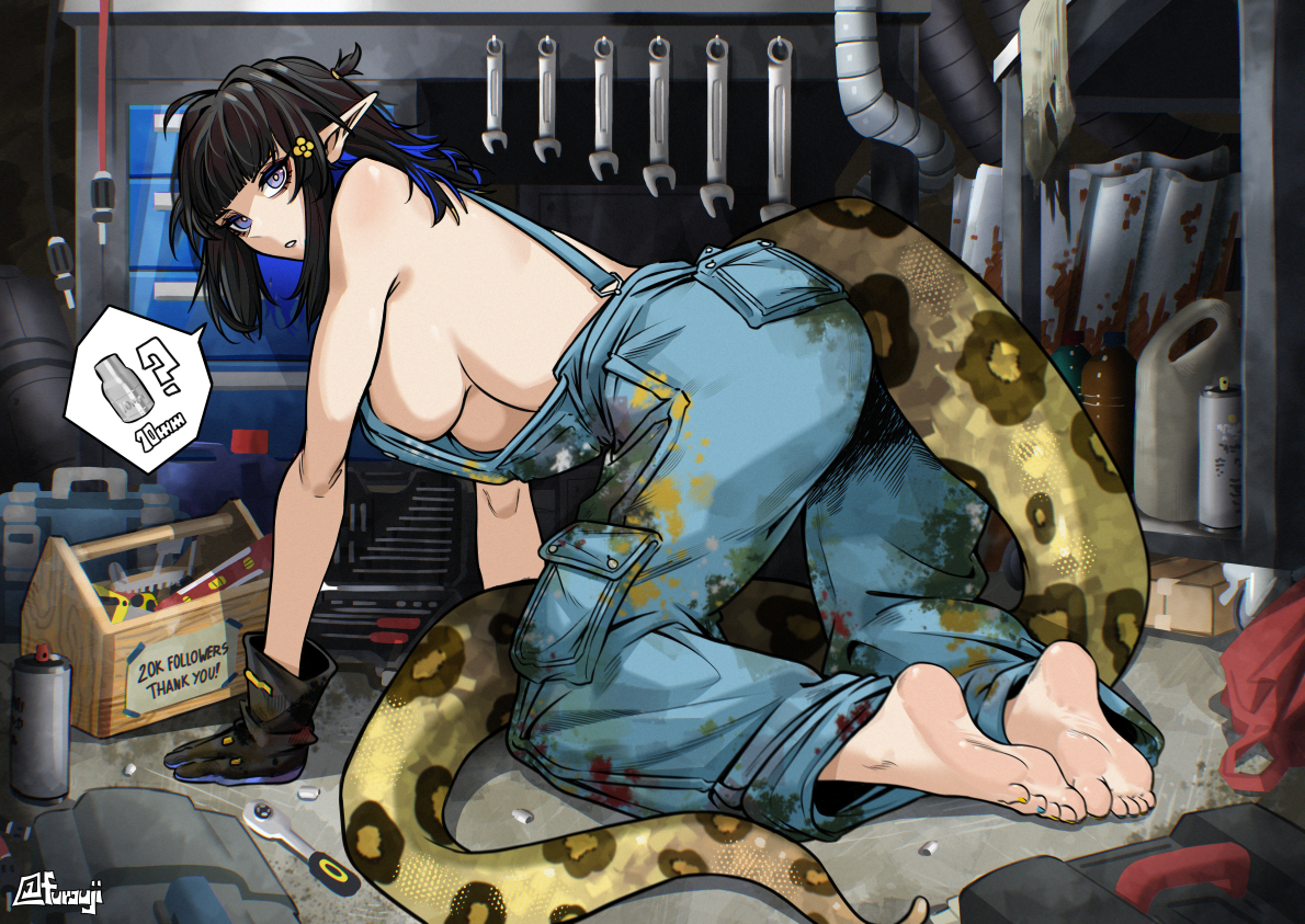 1girl, 1girls, arknights, big ass, black hair, blue accents, boxes, english text, eunectes (arknights), exposed feet, feet, feet together, female, female only, flower hair ornament, flower in hair, furauji, gloves, looking at viewer, looking back, mechanic, medium breasts, no bra, on all fours, overalls, overalls only, pockets, question mark, short hair, sideboob, snake girl, snake tail, sole female, tail, tape, text, tool wall, toolbox, tools, underboob, wrench