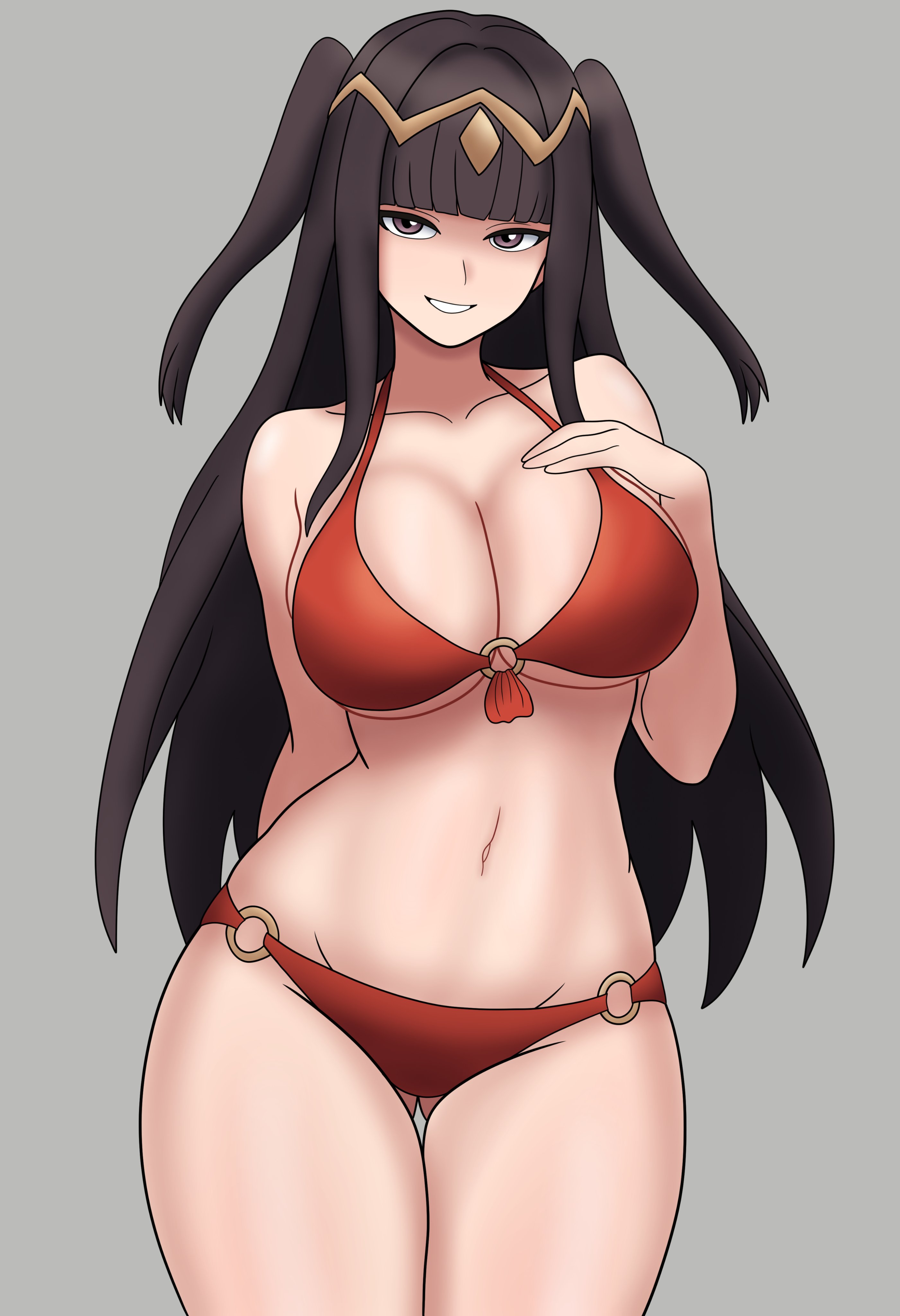 arm behind back, bikini, bojack198, breasts, brown hair, cleavage, female, fire emblem, hand on own chest, highres, large breasts, long hair, looking at viewer, nintendo, o-ring, o-ring bikini, parted lips, red bikini, seductive gaze, seductive smile, smile, solo, swimsuit, teeth, tharja (fire emblem), twintails