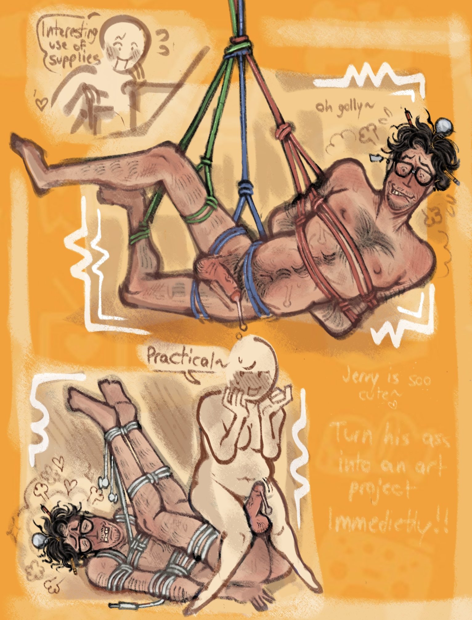 1boy, 1girls, anon, anonymous female, beard stubble, beetlbewbs, body hair, bondage, chubby female, date everything, erection, facial hair, female, glasses, hairy, hairy male, jerry (date everything), male, male focus, nerd, nerdy male, penis, rope bondage, straight, tied up