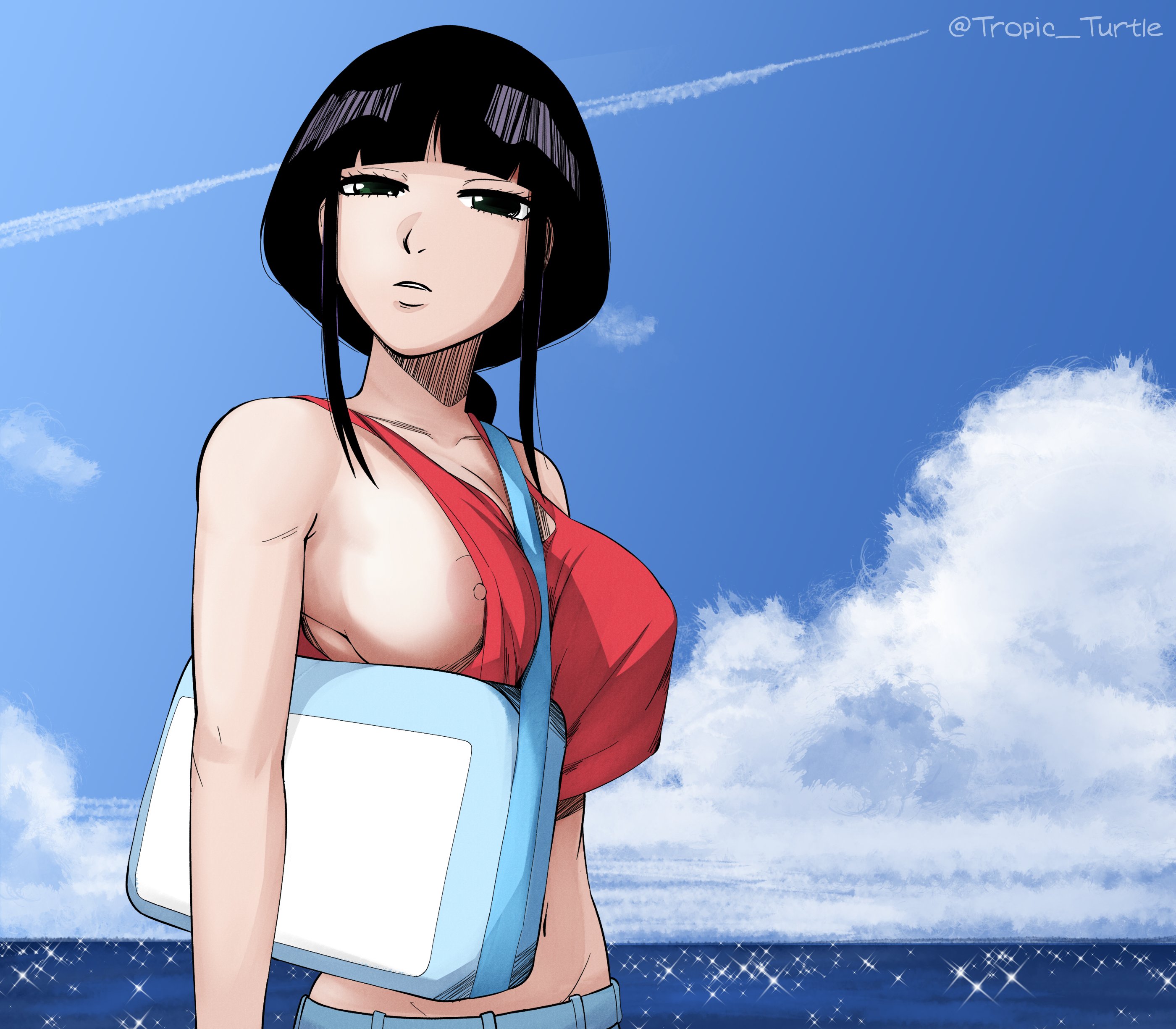 1girls, areolae, beach, big breasts, black hair, bleach, breasts, crop top, exposed breasts, exposed nipples, female, female only, handbag, hime cut, kurotsuchi nemu, light-skinned female, midriff, nipple slip, nipples, one breast out, outdoors, sea, seaside, shorts, solo, tank top, tropic turtle