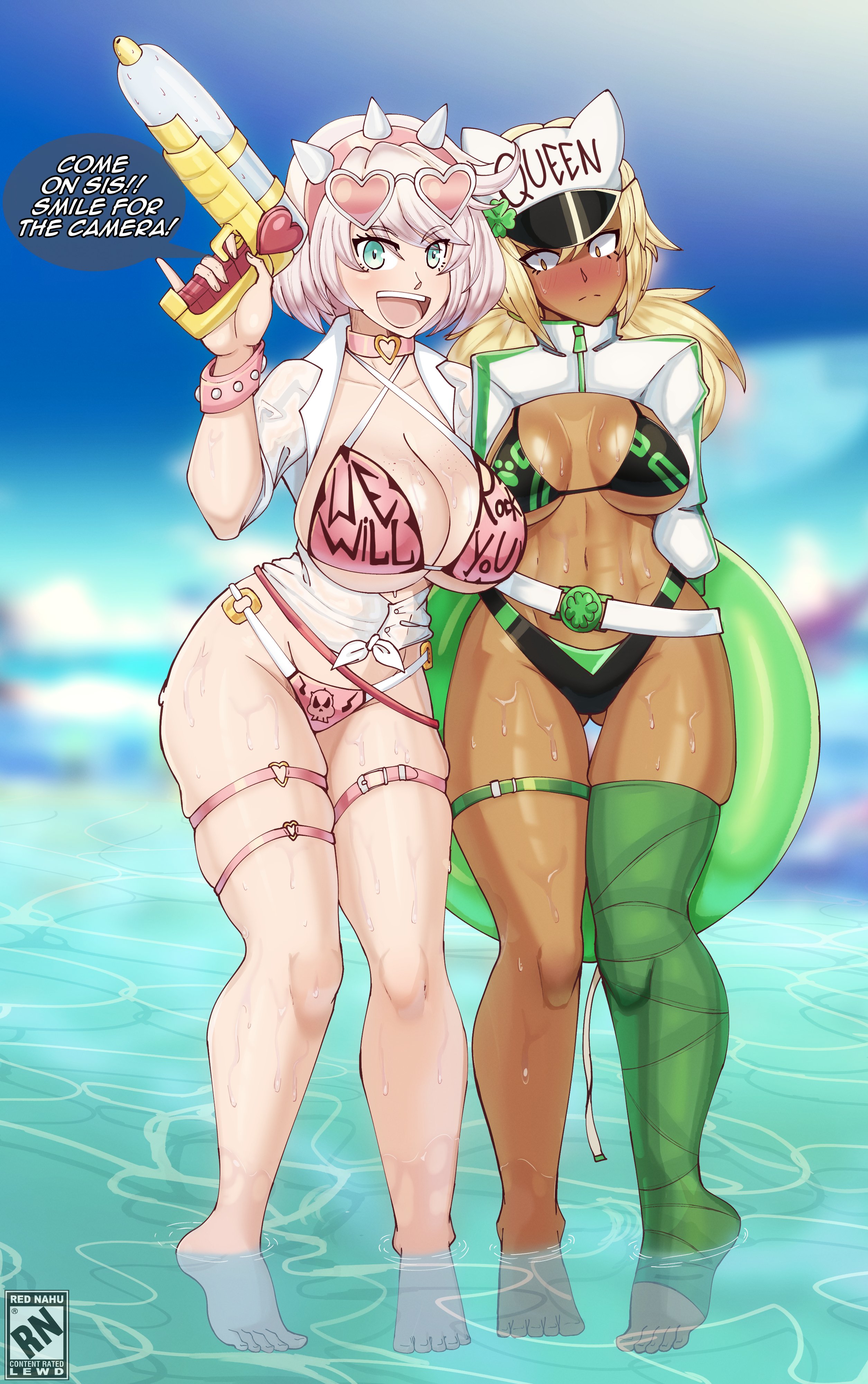 2girls, aqua eyes, ass, ass visible through thighs, barefoot, bikini, blonde female, blonde hair, blue eyes, blush, breasts, chocolate and vanilla, dark skin, elphelt valentine, embarrassed, embarrassed female, female, female focus, female only, glasses, guilty gear, guilty gear strive, headwear, heart-shaped eyewear, huge breasts, large breasts, long hair, medium breasts, nahusmash, ramlethal valentine, short hair, short-haired female, sisters, smile, spiked hairband, standing, standing in water, swim ring, thick thighs, thighband, thighs, twintails, water gun, white hair, wide hips