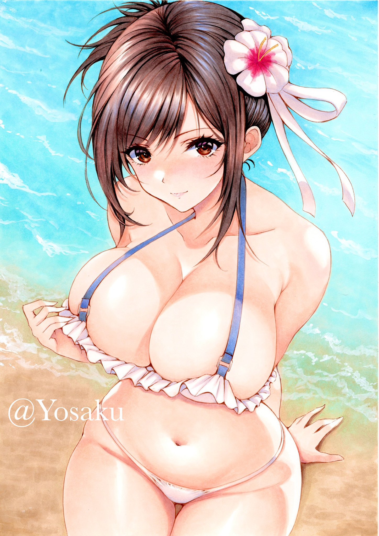 1girls, beach, big breasts, bikini, black hair, breasts, brown hair, cleavage, female, female focus, female only, final fantasy, final fantasy vii, flower, flower in hair, highres, large breasts, light skin, light-skinned female, long hair, looking at viewer, red eyes, sand, swimsuit, tifa lockhart, tifa lockhart (shining spirit), white swimsuit, wide hips, yosaku vs hina