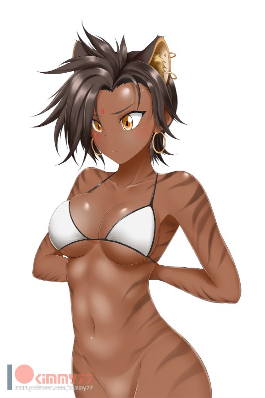 1girls, 4 ears, animal ears, belly, big cat, bikini, bindi, black hair, bra, breasts, brown hair, brown stripes, brunette, cat ears, cat eyes, cat girl, catgirl, dark skin, dark-skinned female, ear fluff, faunus, female, gold eyes, kimmy77, multi ear, navel, no panties, pussy, rooster teeth, rwby, short hair, sienna khan, slim, slit eyes, stripes, tiger, tiger ears, tiger girl, white background, yellow eyes