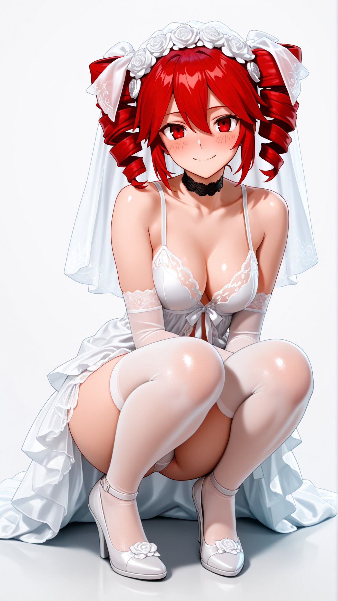 1girls, ai generated, armwear, ass, bare shoulders, big ass, big thighs, blush, blush lines, breasts, bridal gauntlets, bridal veil, bride, choker, cleavage, curvy, curvy female, curvy figure, dress, female, female only, flower in hair, flowers, granat ai, hair ornament, heels, high heels, kasane teto, large ass, large thighs, medium breasts, no bra, panties, panty peek, pantyshot, petite, petite body, petite female, red eyes, red hair, shiny clothes, shiny skin, simple background, solo, solo female, squatting, thick thighs, thighhighs, thighs, twin drills, upskirt, utau, wedding attire, wedding dress, wedding veil, white background, white panties, white stockings, wide hips